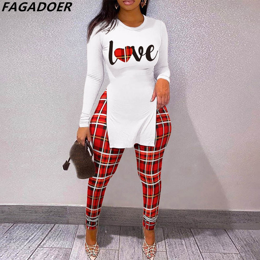 Women's Fall Two Piece Outfits - Casual Printed Side Slit Top & Skinny Pants Tracksuit Set | Fashion Streetwear 2-Piece Suit | Perfect for Daily Wear, Work, and Weekend Outings