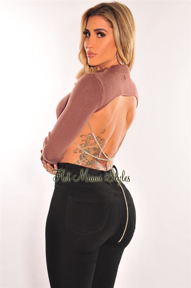 Sexy Silver Rhinestone Backless Crop Top - Ribbed Knit Long Sleeve Shirt for Women | Perfect for Night Out, Party, and Date Night