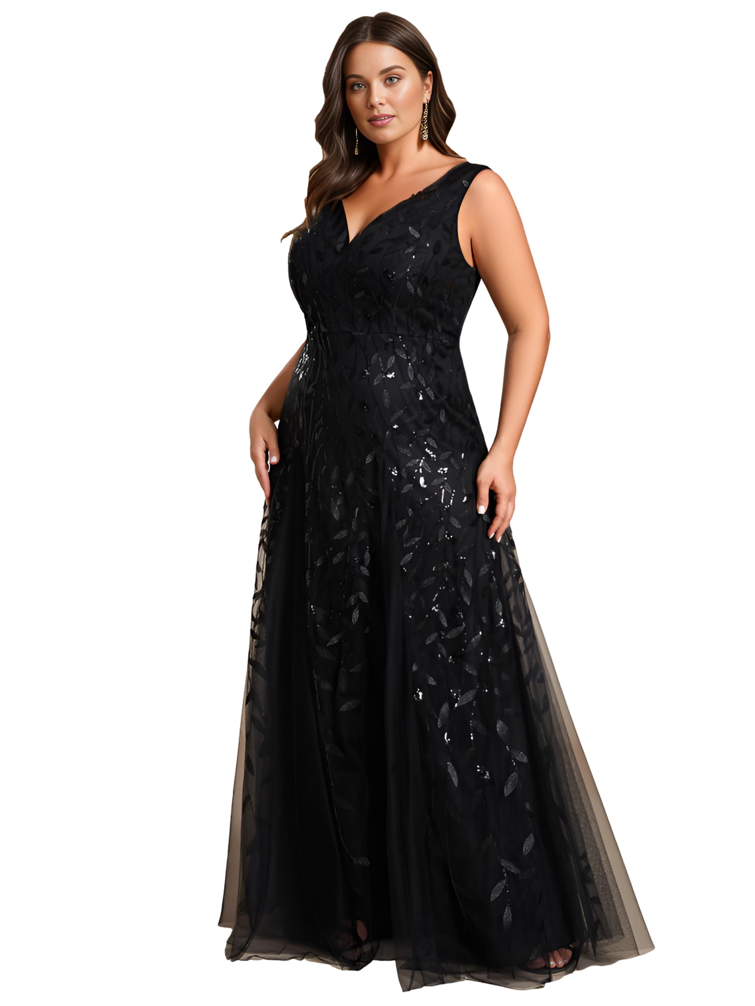 Ever-Pretty Women's Plus Size V-Neck A-Line Sleeveless Sequin Embroidered Formal Dress for Prom, Evening Gala & Special Occasions