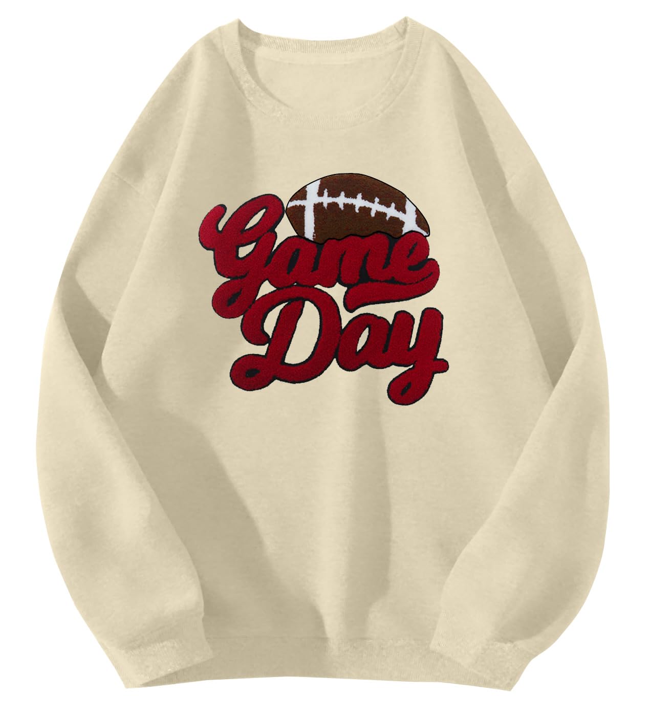 Women's Football Game Day Sweatshirt - Chenille Patch Graphic Long Sleeve Top for Casual Wear, Tailgating & Sports Events