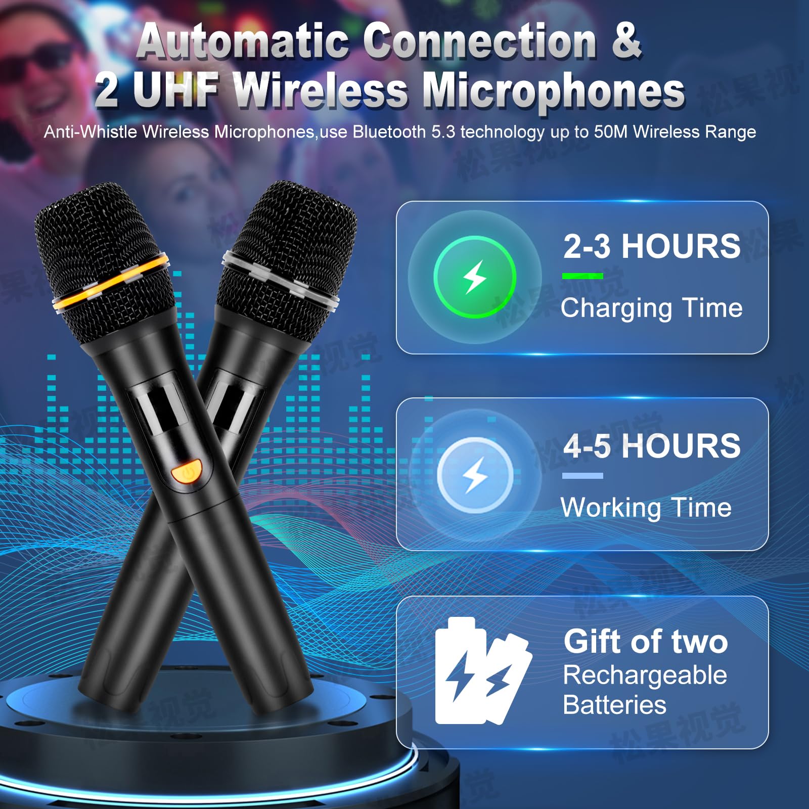 Portable Karaoke Machine with 2 UHF Wireless Microphones - Bluetooth Speaker for Adults, PA System with Remote Control, Volume Adjustment & LED Lights (Supports TF/USB/AUX/OTG) - Perfect for Home Parties, Outdoor Gatherings & Professional Performances