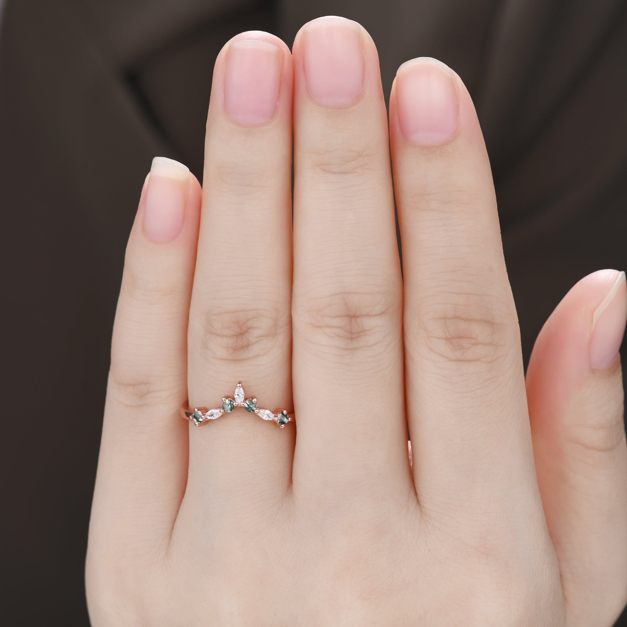 Green Moss Agate & Moissanite Rose Gold Wedding Band Set - Curved Matching Rings for Couples, Engagement, Anniversary & Promise Ceremonies