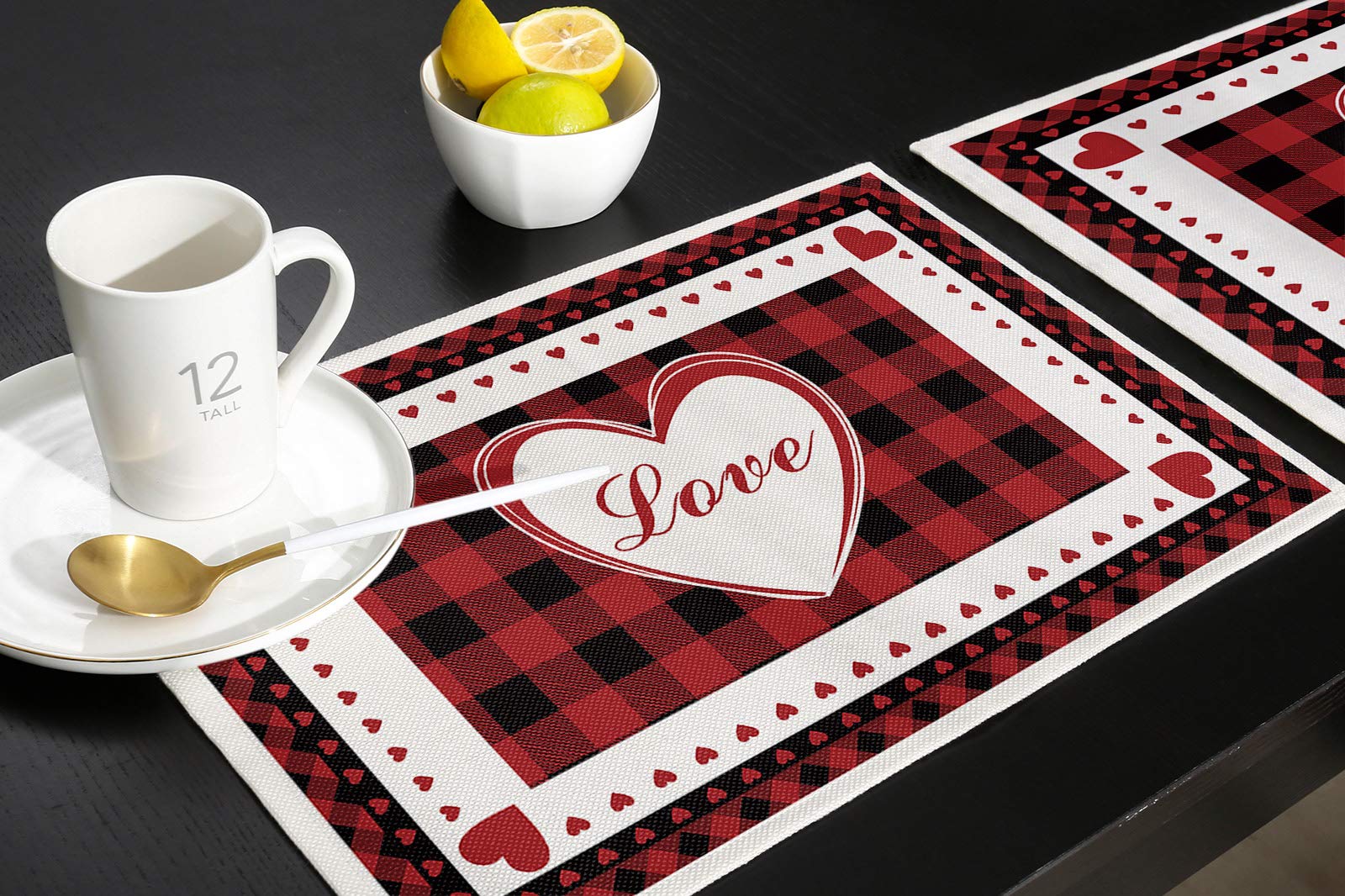 Romantic Valentine's Day Placemats Set of 4 - Heart Red Buffalo Check Plaid Heat Resistant Table Mats for Dining, Washable Cotton Burlap | Perfect for Valentine's Dinner, Anniversary Celebration & Romantic Date Night Decor
