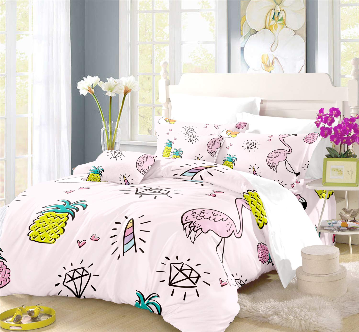 REALIN Unicorn Bedding Set - Ice Cream Donut Duvet Cover with Flamingo Magic Design - 2/3/4PCS Quilt Cover, Sheets & Pillow Shams - Twin/Full/Queen/King Size (Full-200x229cm-4PCS) - Perfect for Kids' Bedrooms, Themed Sleepovers & Whimsical Home Decor