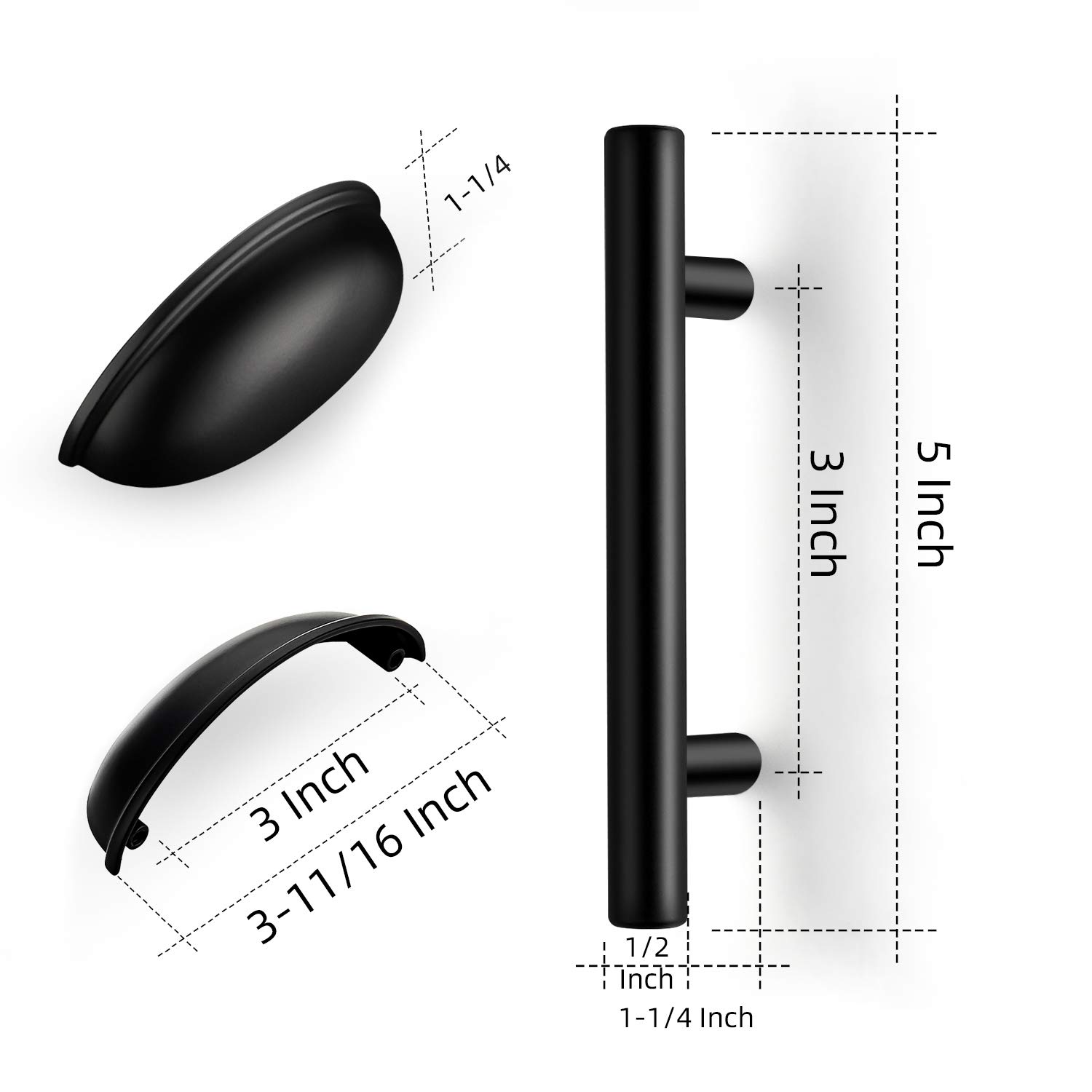 24 Pack 5 Inch Matte Black Cabinet Pulls & 10 Pack 3 Inch Flat Black Cabinet Cup Pulls - Modern Kitchen Drawer Handles for Cabinets, Dressers, Furniture (Set of 34)