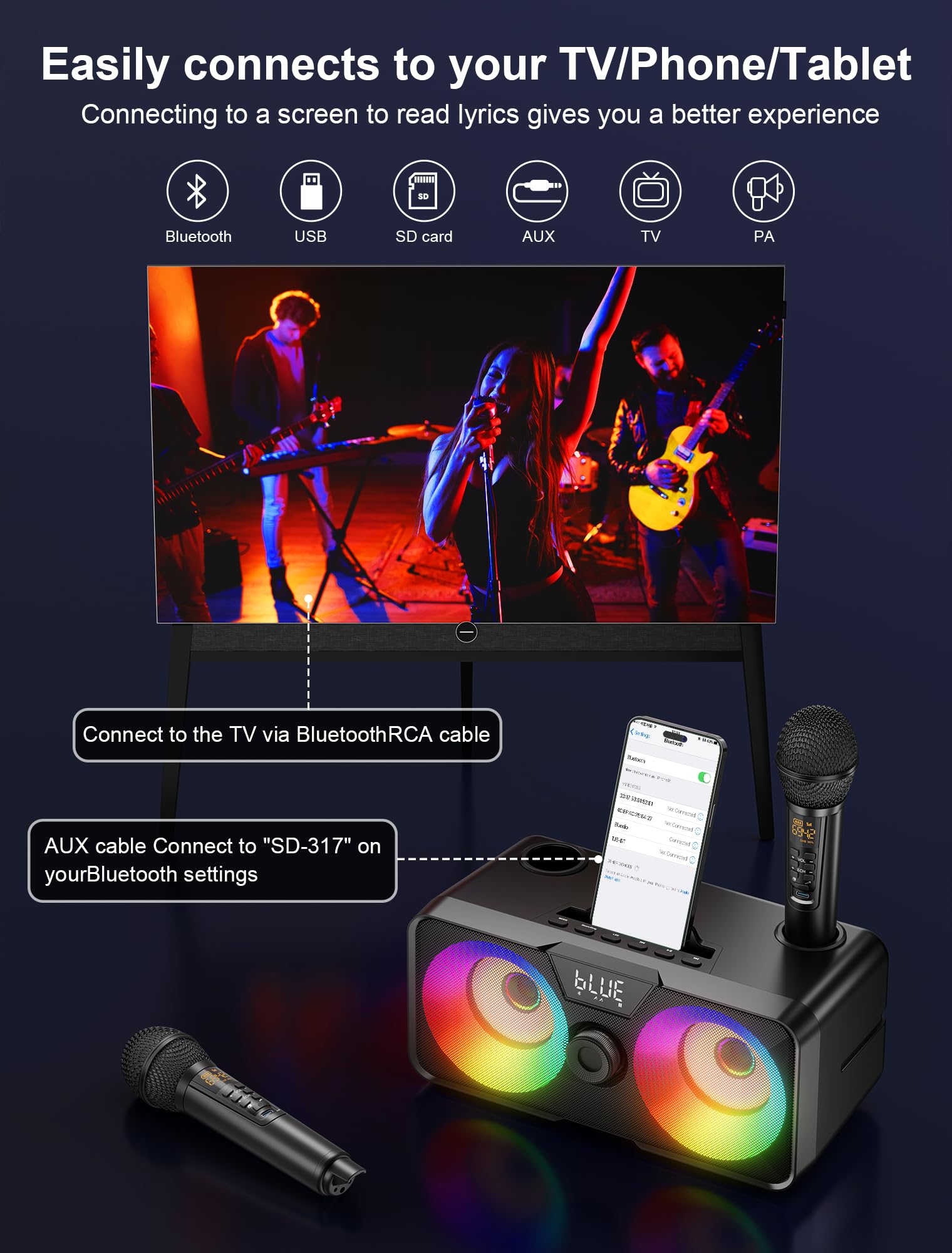 Portable Bluetooth Karaoke Machine with 2 UHF Wireless Microphones & LED Lights - Home Party Speaker System for Adults & Kids | Indoor/Outdoor Use, Weddings, Church Events, Birthday Gifts & Family Gatherings
