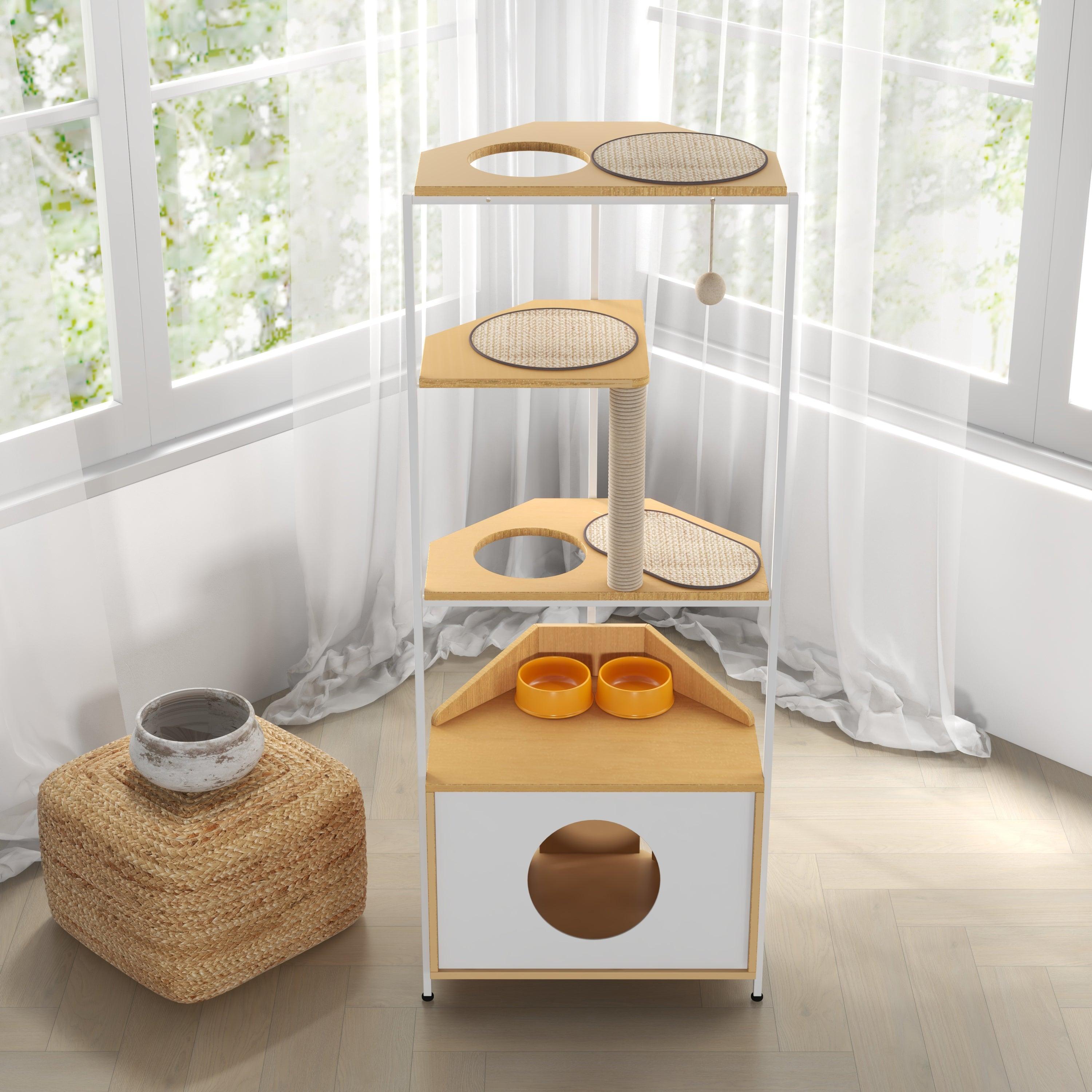 Premium Cat Tree with Scratching Post & Climbing Platforms - Multi-Level Cat Condo with Feeding Station - Sturdy Corner Cat Tower for Indoor Cats - Perfect for Play, Rest & Feeding in Small Spaces