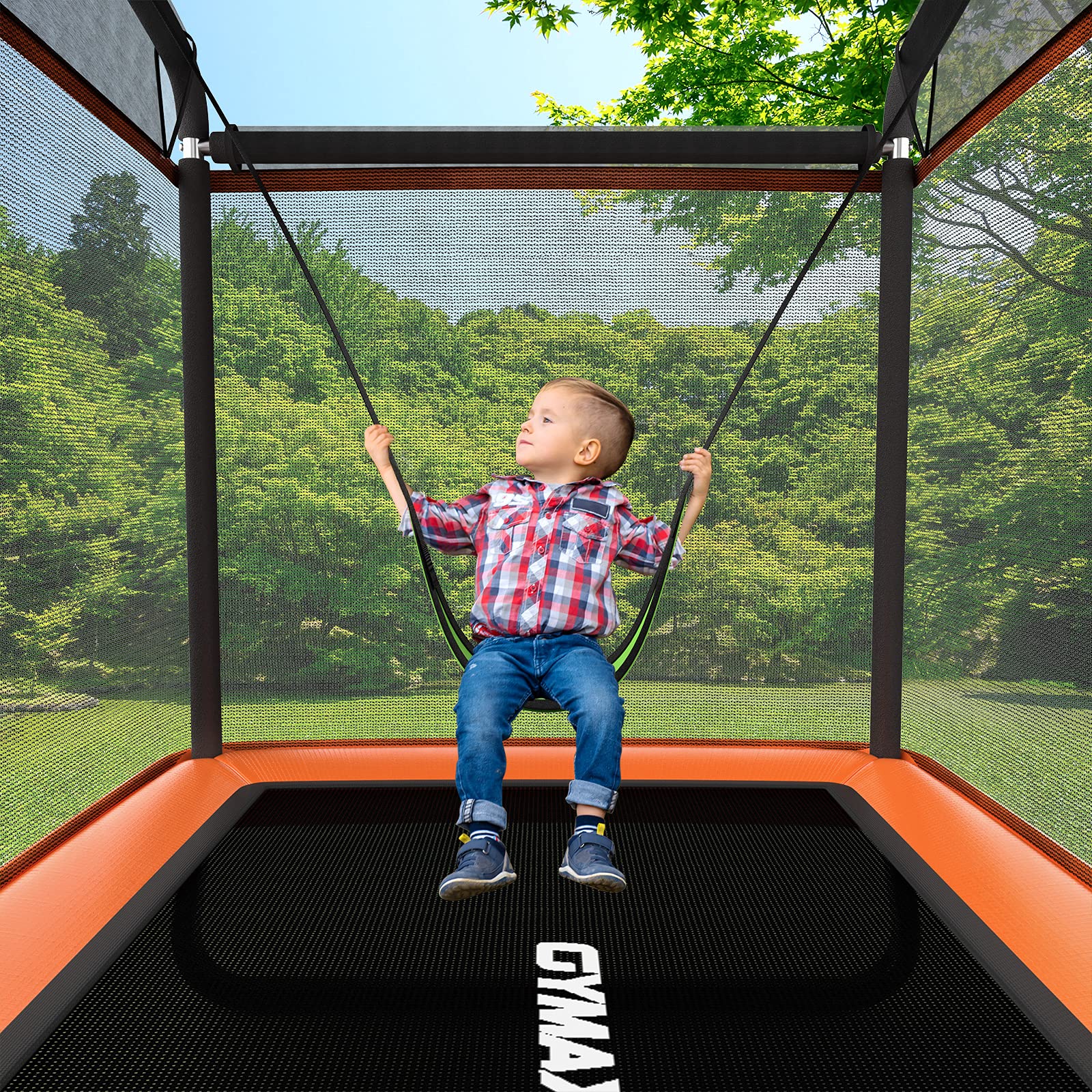 GYMAX 6FT Kids Trampoline with Swing & Safety Enclosure Net - ASTM Approved Rectangle Toddler Trampoline for Indoor/Outdoor Use - Perfect Birthday Gift for Boys & Girls - Backyard Fun, Playroom Activity, Preschool Exercise Equipment