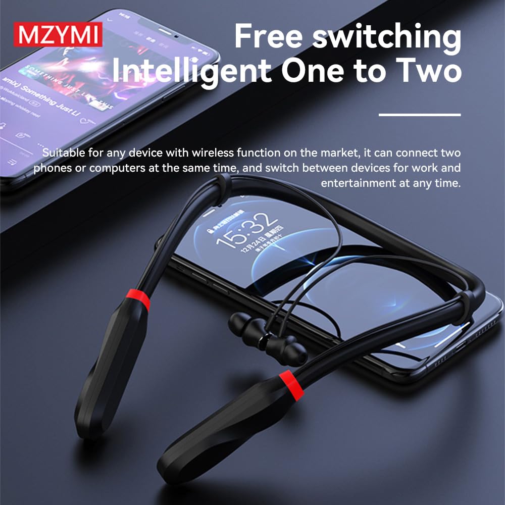 MZYMI Wireless Bluetooth Neckband Headphones - 200H Extra Long Battery Life, Stereo Sound, Built-in Mic, IPX5 Waterproof, Balanced Armature Drivers for Sports & Workout (Black) | Perfect for Running, Gym, Commuting & Office Use