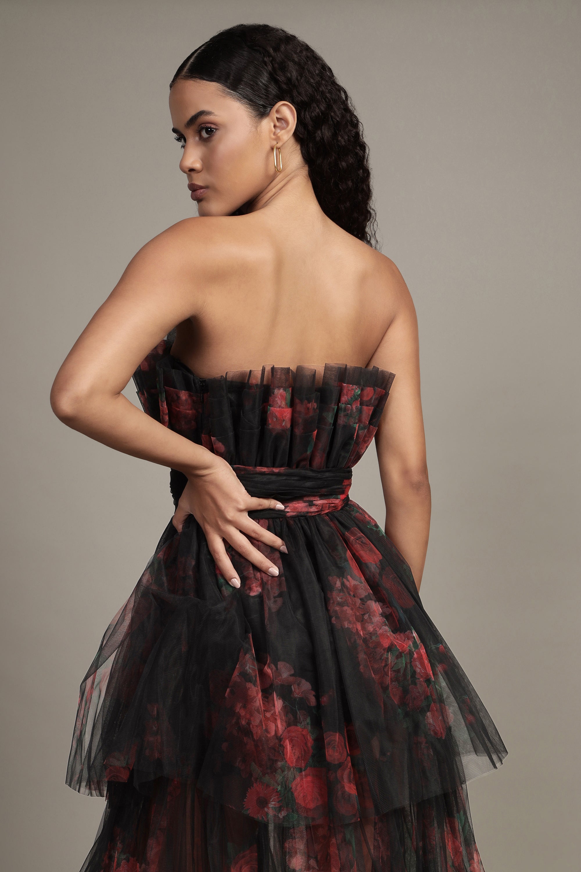 Natalia Black and Red Floral Tulle Maxi Dress for Women - Elegant Evening Gown for Weddings, Parties & Special Occasions