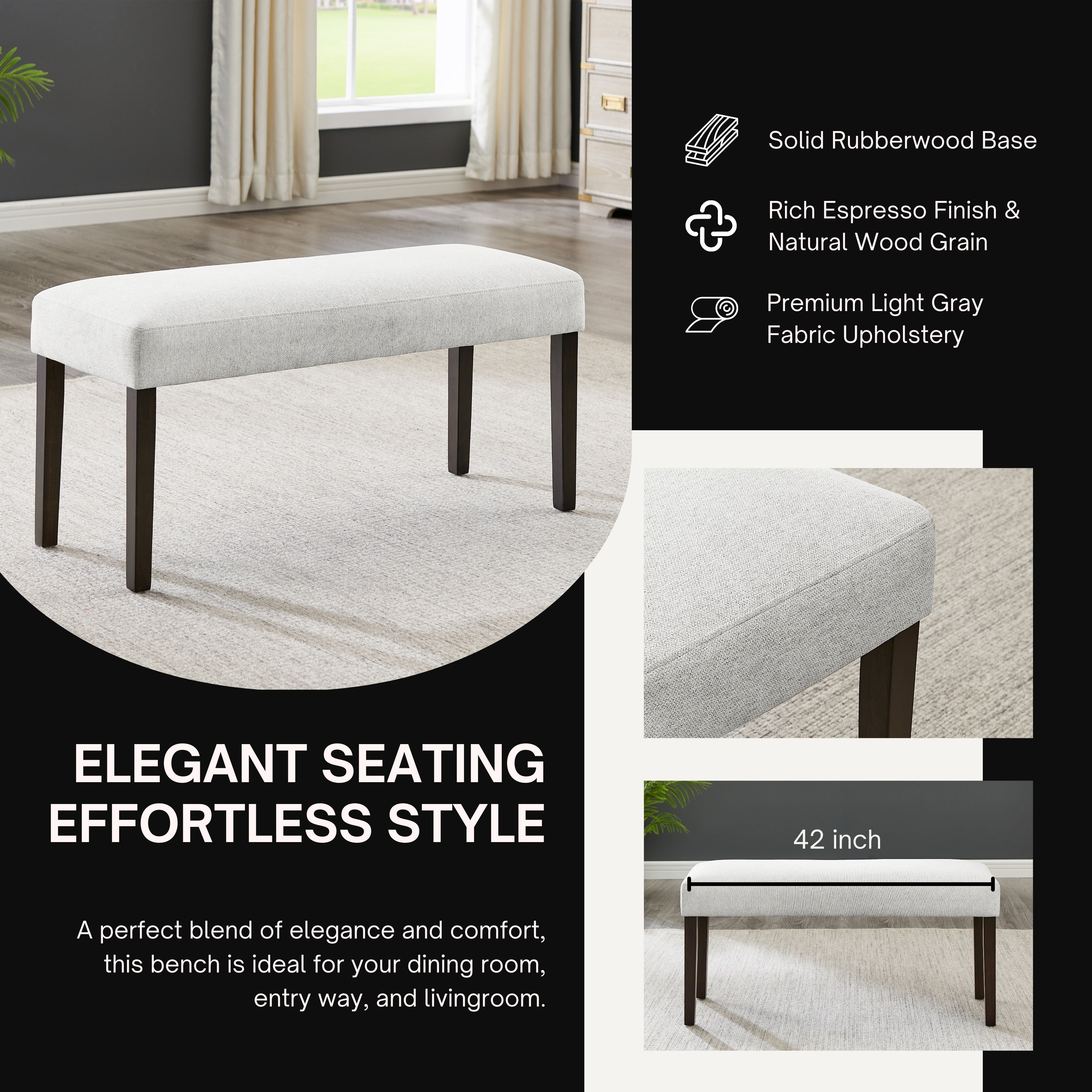 Roundhill Furniture Madison Contemporary Upholstered Dining Bench in Gray - Modern Kitchen Bench Seat for Dining Room, Breakfast Nook & Entryway