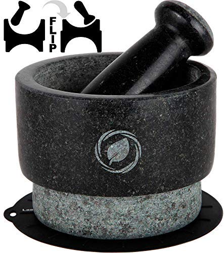 Premium Black Granite Mortar and Pestle Set - 2.1 Cup (5.5 Inch) Large Stone Spice Grinder & Molcajete Mexicano - Perfect for Guacamole, Pesto, Spices & Herbs - Durable Reversible Kitchen Tool - Ideal for Mexican Cooking, Grinding Fresh Ingredients & Gourmet Food Prep