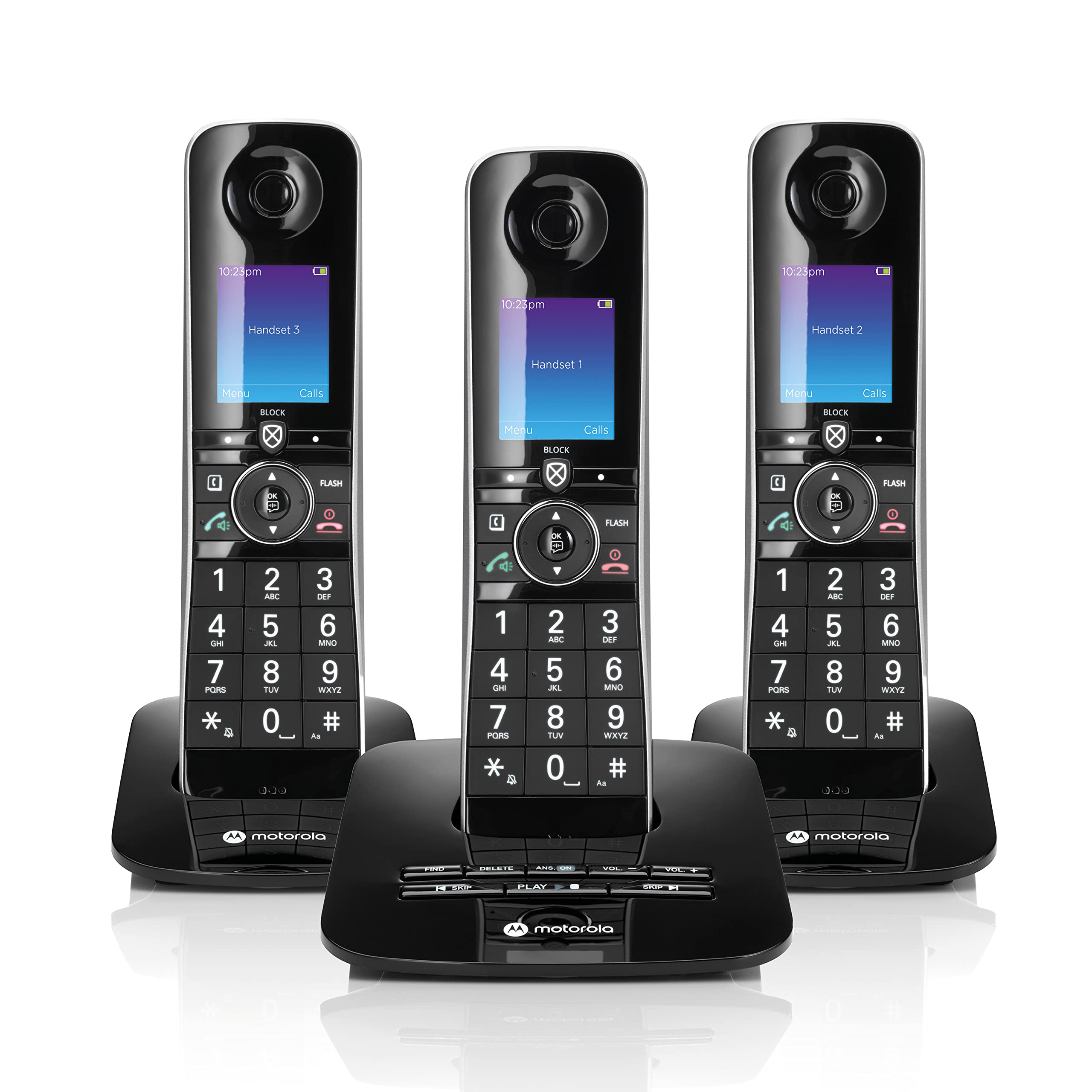 Motorola D8713 Cordless Phone System with 3 Digital Handsets, Bluetooth Connectivity, Caller ID, Call Block & Answering Machine - Black | Ideal for Home & Small Business Office Use