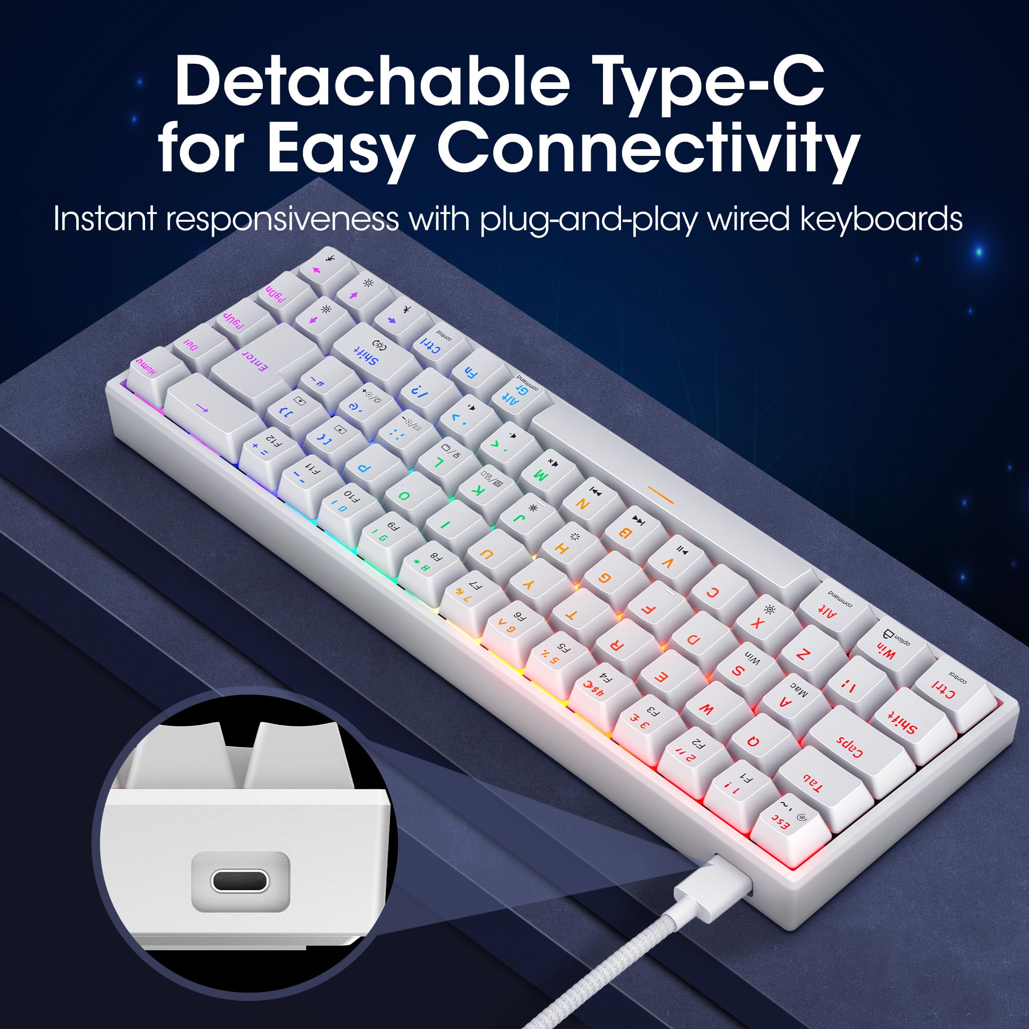KOORUI 60% Compact Mechanical Gaming Keyboard with Blue Switches - 69 Key RGB Backlit Wired Mini Keyboard for Windows PC, Mac OS, Xbox - White | Perfect for Gaming, Office Work & Typing Enthusiasts