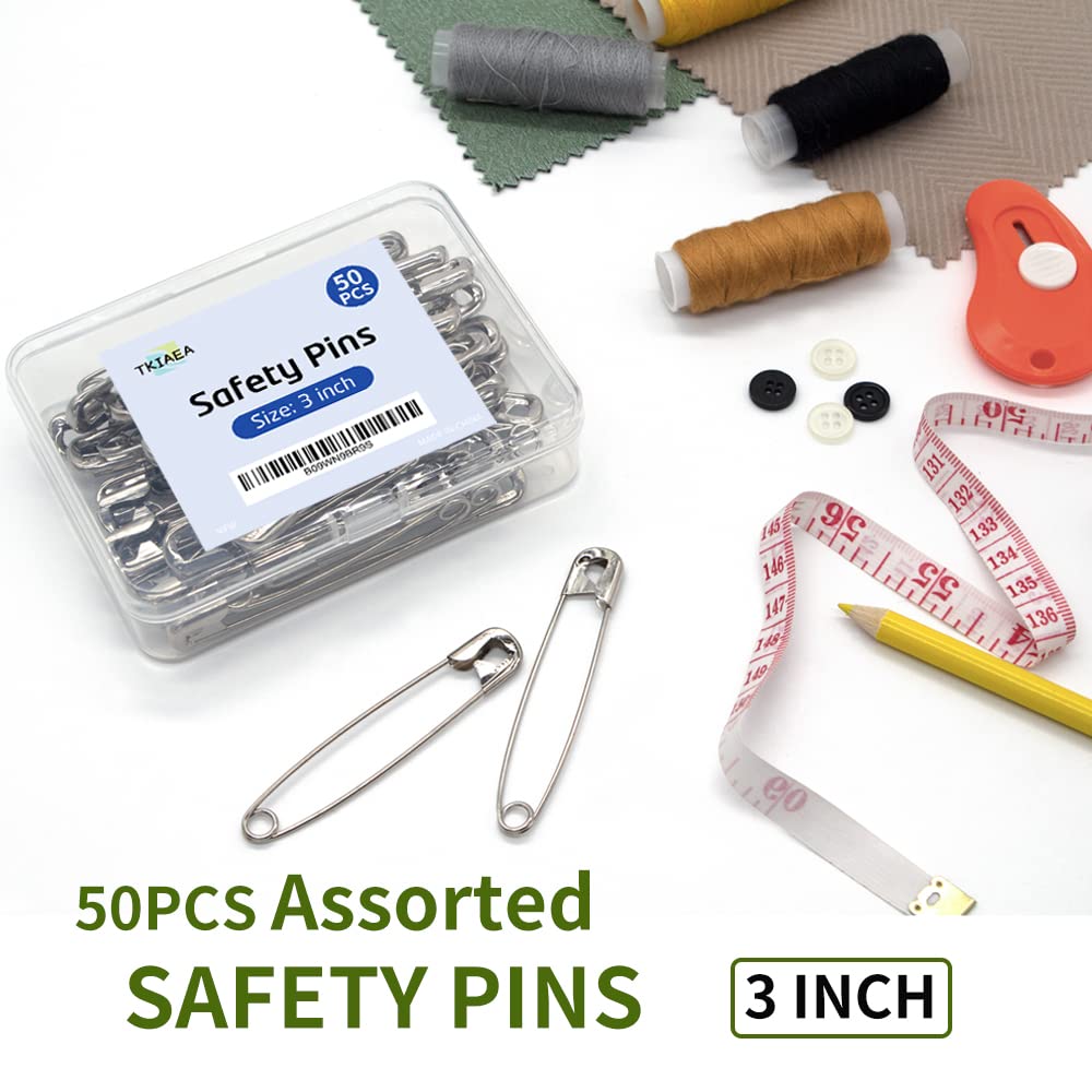 3 Inch Heavy Duty Safety Pins - Pack of 50 Stainless Steel Large Pins for Crafts & Fabrics