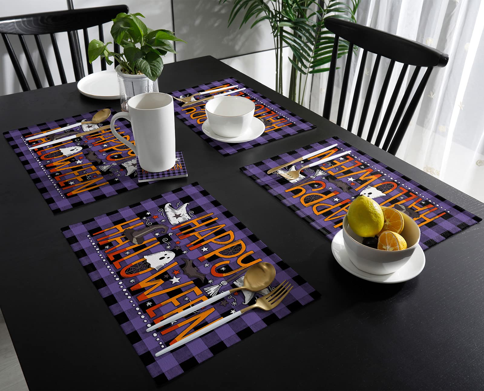 Halloween Placemats Set of 4 - Non-Slip Insulated Table Mats with Ghost Bats & Magic Hat Design in Purple Buffalo Check Plaid - Perfect for Spooky Dining, Halloween Parties, and Horror Movie Nights
