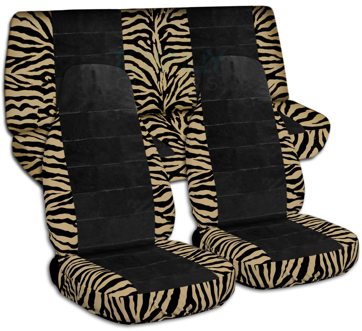 Universal Fit Tan Zebra Print Car Seat Covers - Full Set for Front Buckets & Rear Bench - Compatible with Airbags, Seat Belts, Armrests & More - Durable & Stylish Protection for Pets & Kids - Perfect for SUVs, Trucks & Family Cars