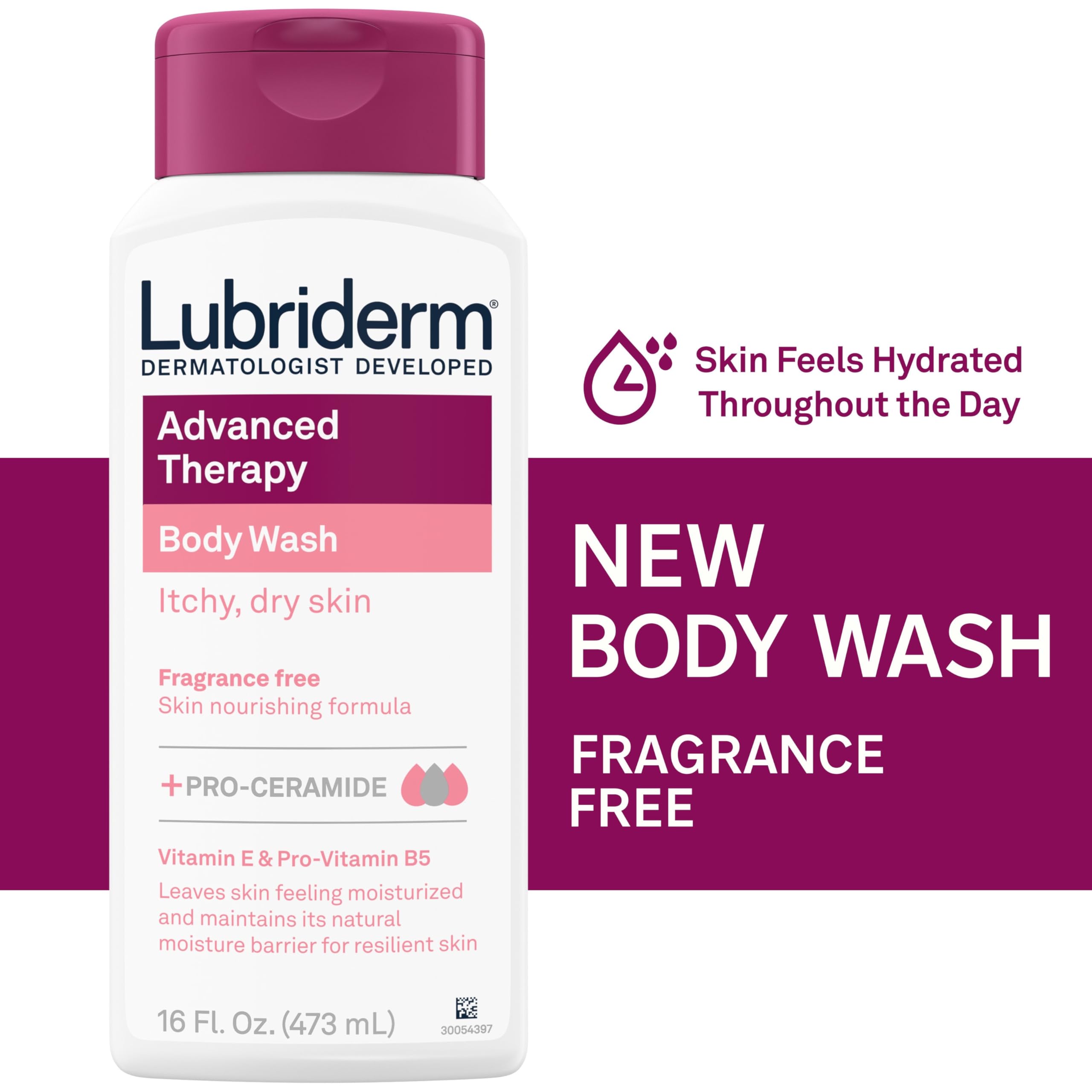 Lubriderm Advanced Therapy Body Wash - Unscented Nourishing Cleanser with Pro-Ceramide, Vitamin E & B5 for Dry, Itchy Skin Relief | Fragrance-Free, Hypoallergenic Formula | 16 fl oz | Perfect for Sensitive Skin & Daily Moisturizing Care