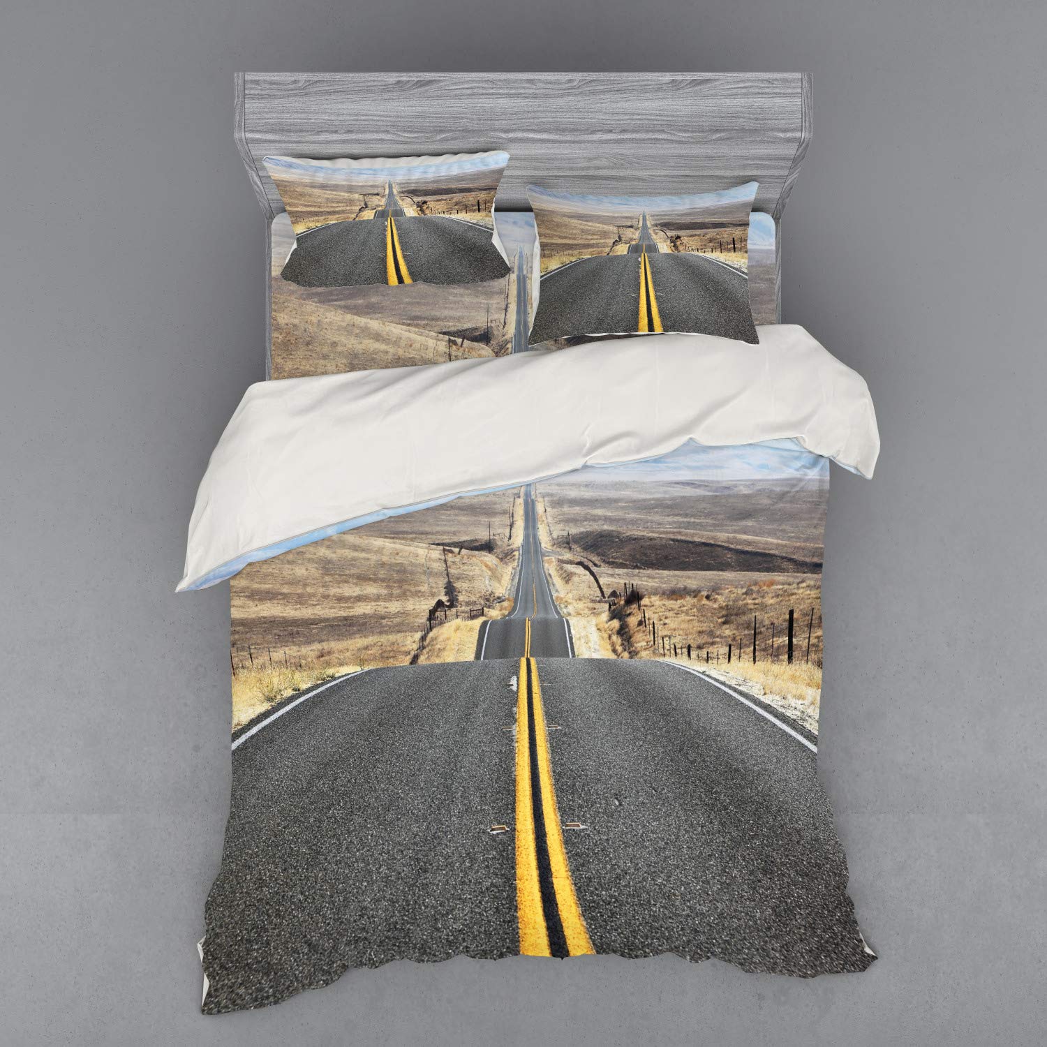 Ambesonne Queen Size 4-Piece Landscape Bedding Set - Pacific Coast Highway Desert Wilderness Duvet Cover with Shams & Fitted Sheet, Grey | Western Road Trip Theme for Bedroom Decor