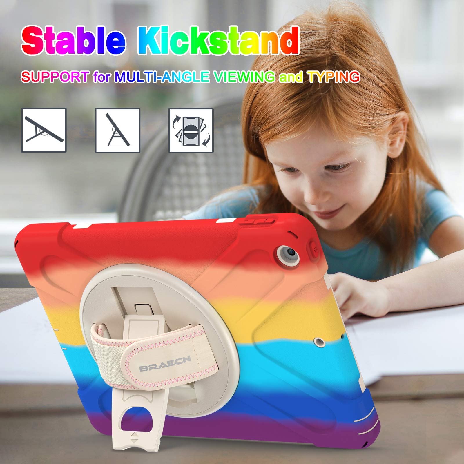 BRAECN Heavy Duty Rugged Kids Case for iPad 9.7 Inch (6th/5th Generation) - Shockproof Protective Cover with Hand Strap, Kickstand, Pencil Holder & Shoulder Strap - Compatible with iPad A1893/A1954/A1822/A1823 (Rainbow) - Perfect for School, Travel & Outdoor Activities
