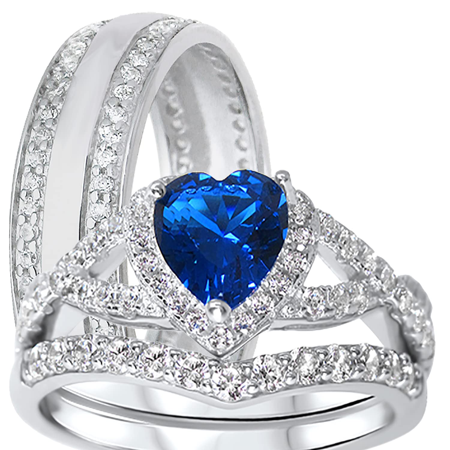 His & Hers TRIO CZ Wedding Ring Set - 3 Piece Sterling Silver Wedding Bands for Couples - Perfect for Anniversaries, Engagements & Romantic Gifts