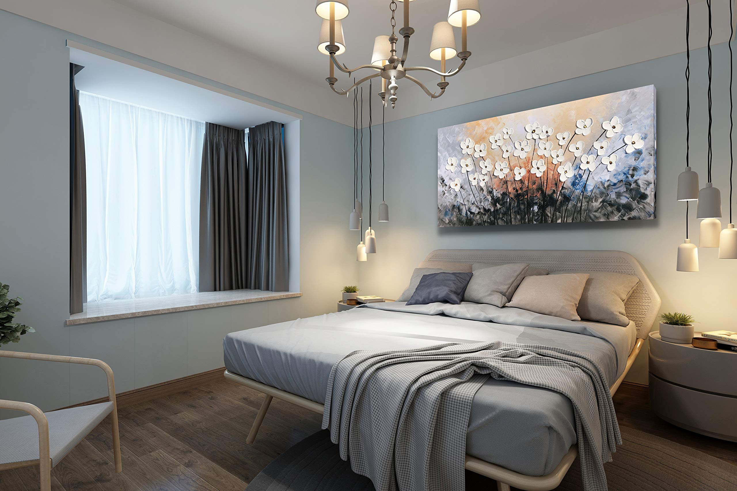 Yihui Arts Floral Paintings Canvas Wall Art - Contemporary Grey Framed Canvas Print for Living Room, Bedroom & Office Decor - Ready to Hang Modern Home Artwork