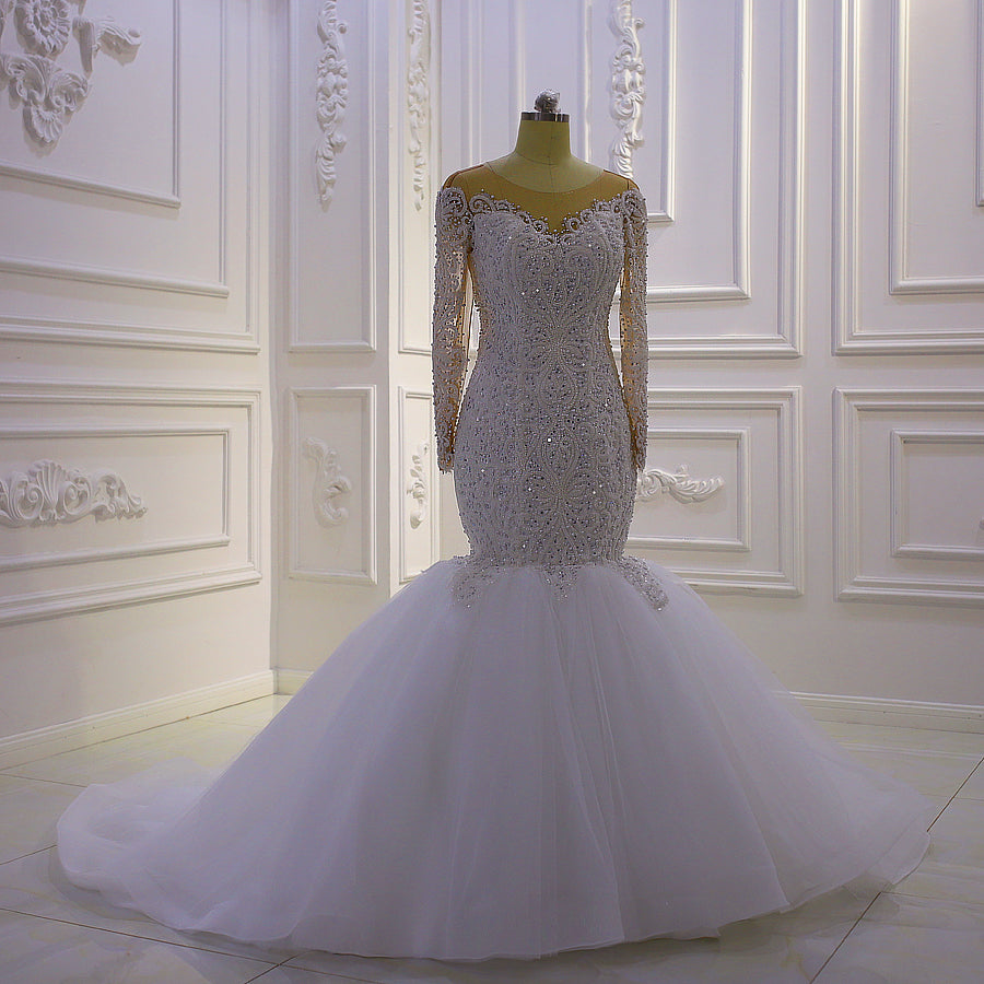 Elegant AM905 Long Sleeve Lace Applique Handmade Evening Gown - Luxury Wedding Dress 2023 for Bridal, Prom & Formal Events