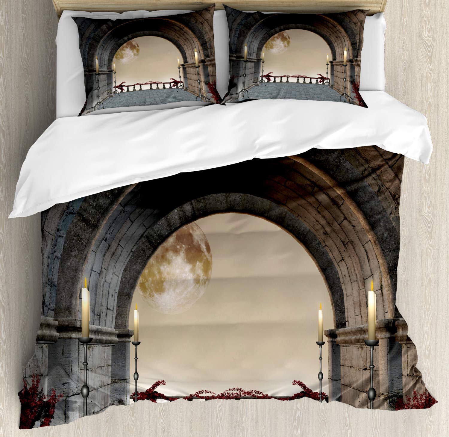 Ambesonne Gothic Duvet Cover Set - Medieval Stone Castle Balcony with Candles Renaissance Vintage Design, 3-Piece Queen Size Bedding Set with 2 Pillow Shams in Grey | Perfect for Gothic Themed Bedrooms, Halloween Decor & Renaissance Style Home Decor