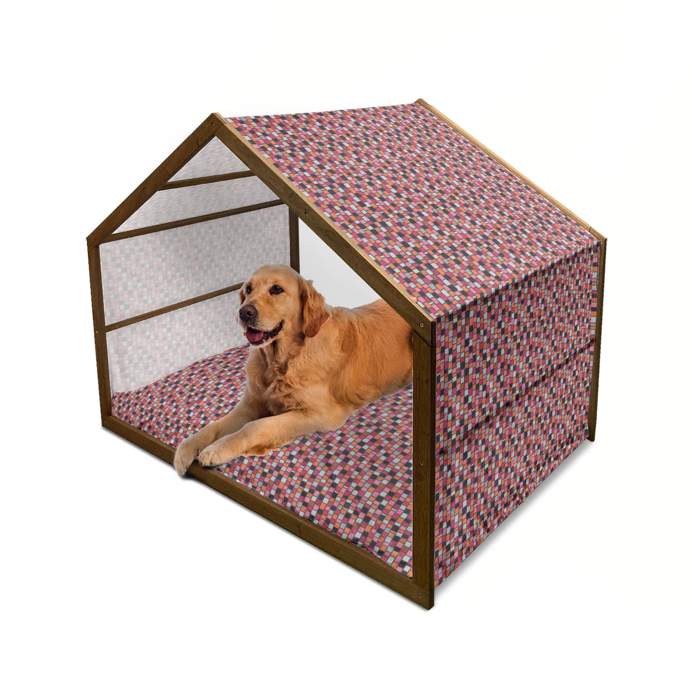 Ambesonne Cobblestone Wooden Dog House - Patchwork Tribal Design with Polka Dots, Stripes & Zigzag Patterns - Indoor/Outdoor Portable Pet Kennel with Pillow & Cover - 2X-Large Multicolor - Perfect for Backyard, Patio & Travel Use