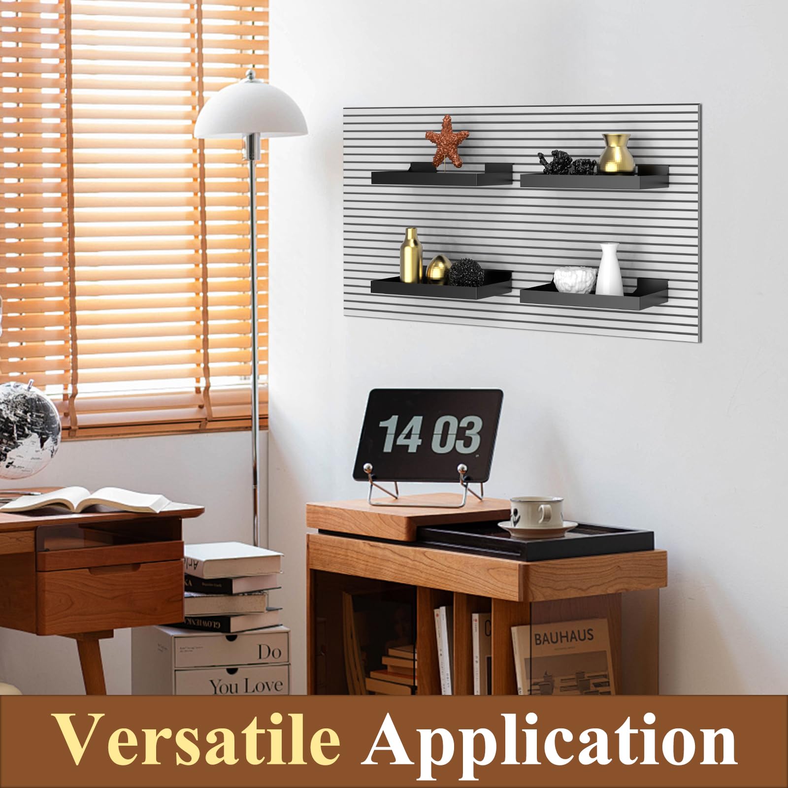 4 Pack 16x8 Inch Heavy Duty Metal Slatwall Shelves & Baskets - Black Retail Display Storage Organizer for Shop, Garage, and Closet Organization