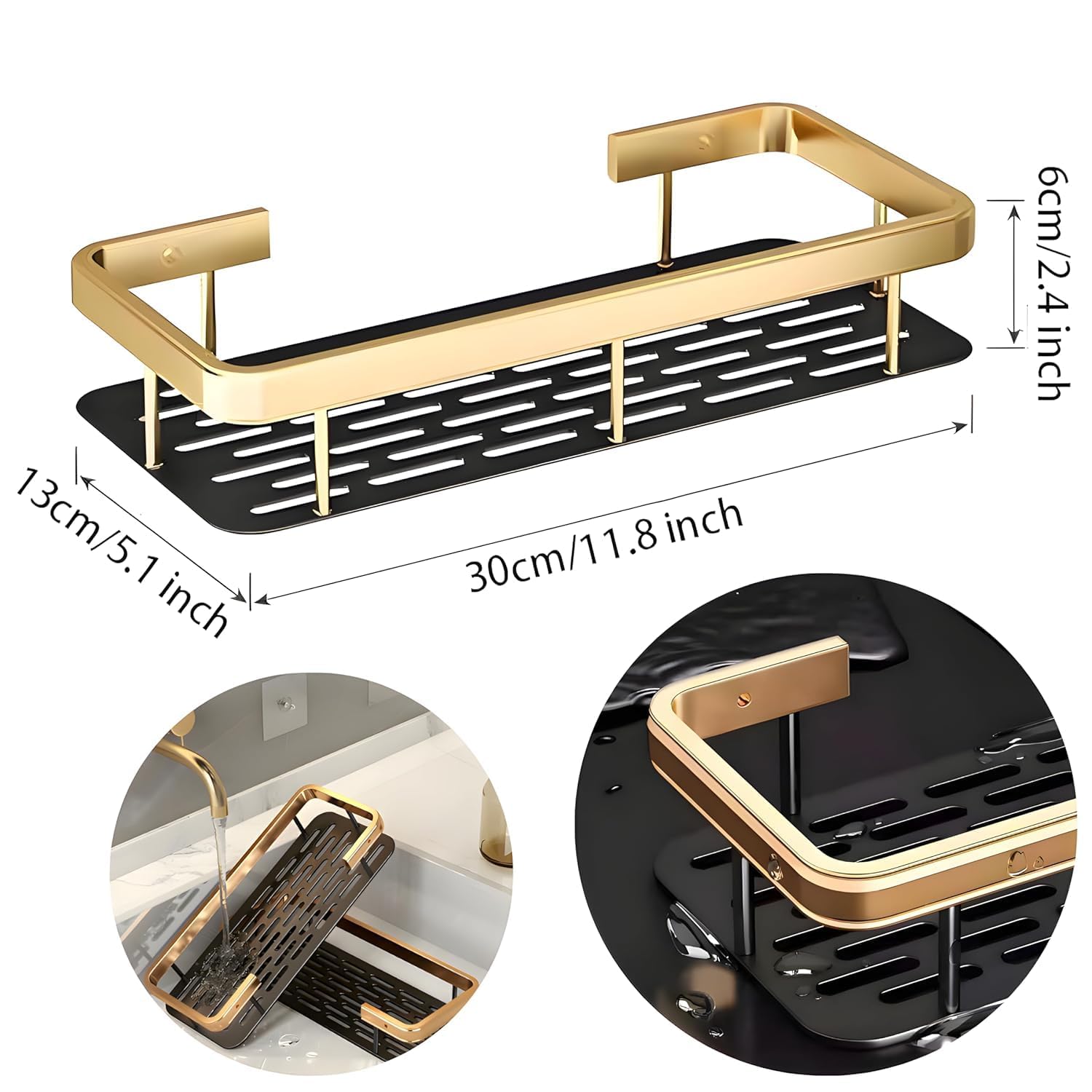 Multipurpose Self-Adhesive Aluminum Bathroom Wall Shelf Organizer - Gold (2 Pack) | Space-Saving Storage Rack for Bathroom, Kitchen, Office & Dorm | Holds Toiletries, Cosmetics, Spices & Office Supplies