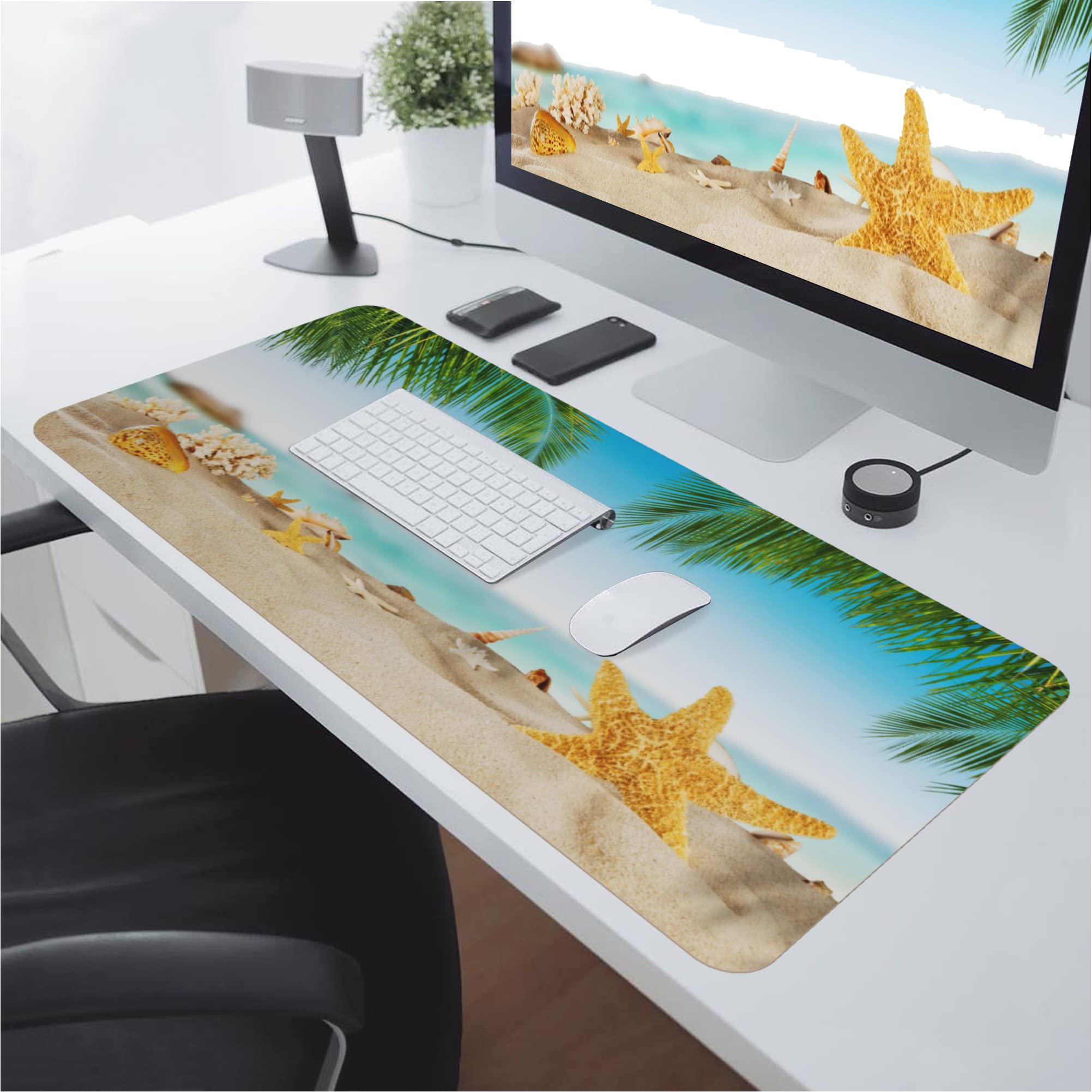 Premium Large Gaming Mouse Pad with Non-Slip Rubber Base - 31.5x15.7 Inch Extended Desk Mat Featuring Beach Starfish Shells Design & Stitched Edges - Perfect for Office Work, PC Gaming, and Computer Use - Ideal for Home Office, Gaming Setup, and Workspace Organization