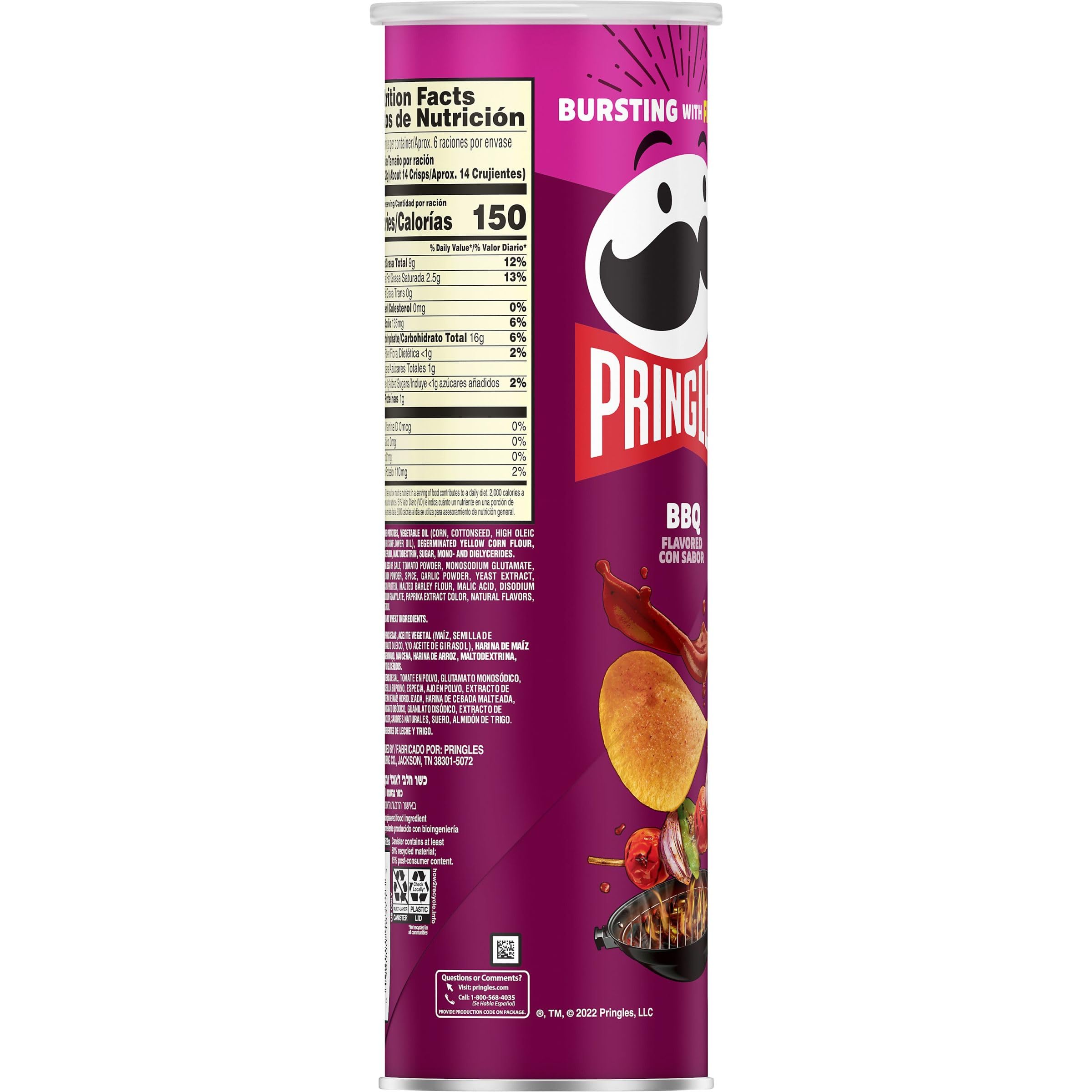 Pringles BBQ Flavored Potato Crisps - 5.5oz Can (Pack of 1) | Crunchy Lunch Snacks, On-The-Go Treats for Work, School & Road Trips
