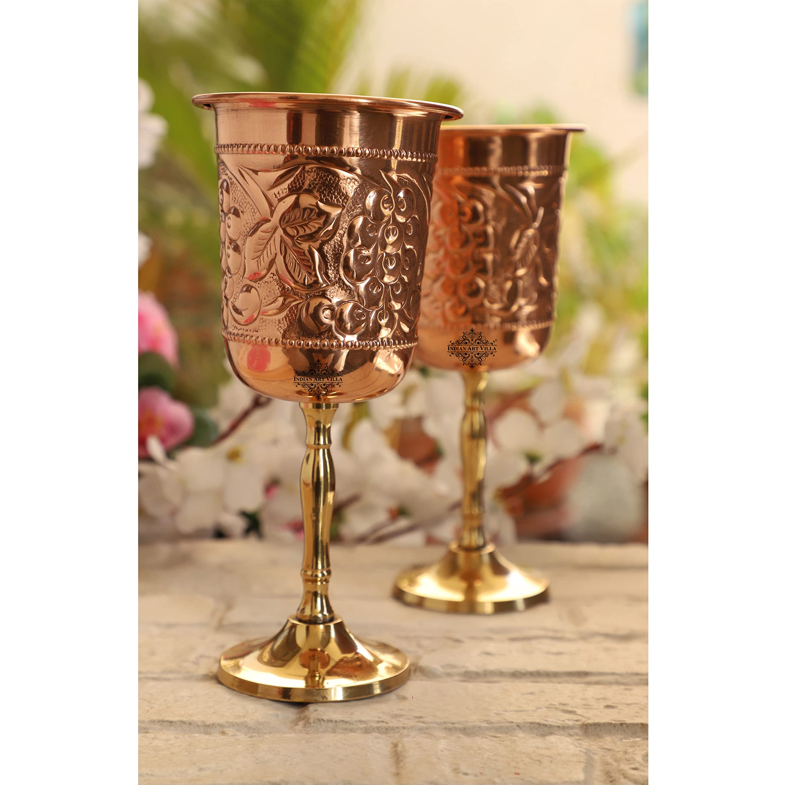 Pure Copper Wine Glass Set of 4 - 10oz Handcrafted Cups with Grape Vine Embossed Design & Brass Base - Elegant Barware for Wine, Cocktails, Restaurants, Hotels & Home Entertaining