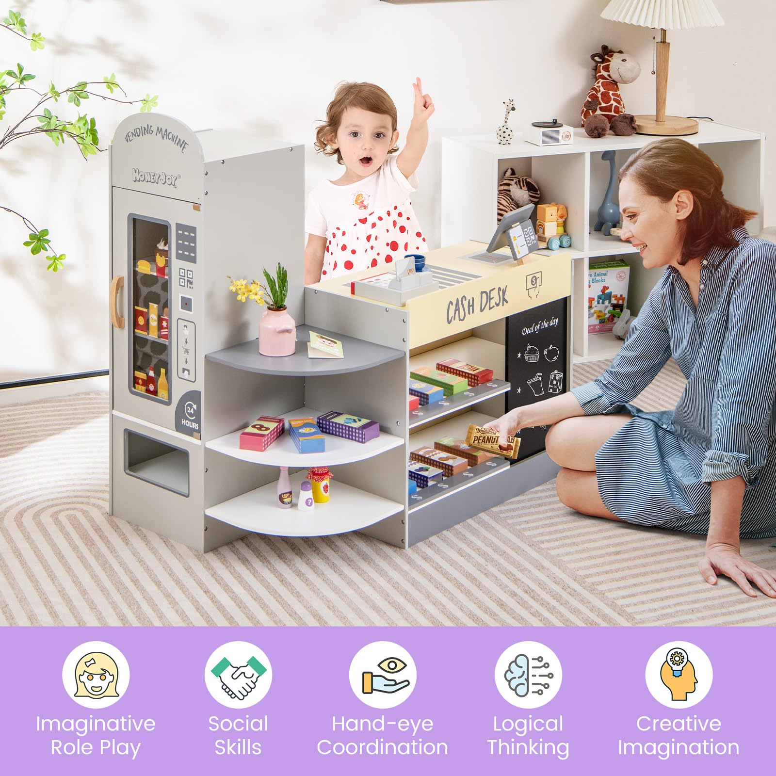 HONEY JOY Kids Grocery Store Playset - Wooden Supermarket Toy with Cash Register, Vending Machine & Checkout Counter - Pretend Play Set for Toddlers Boys & Girls (Gray) - Perfect for Role Play, Early Learning & Social Skills Development