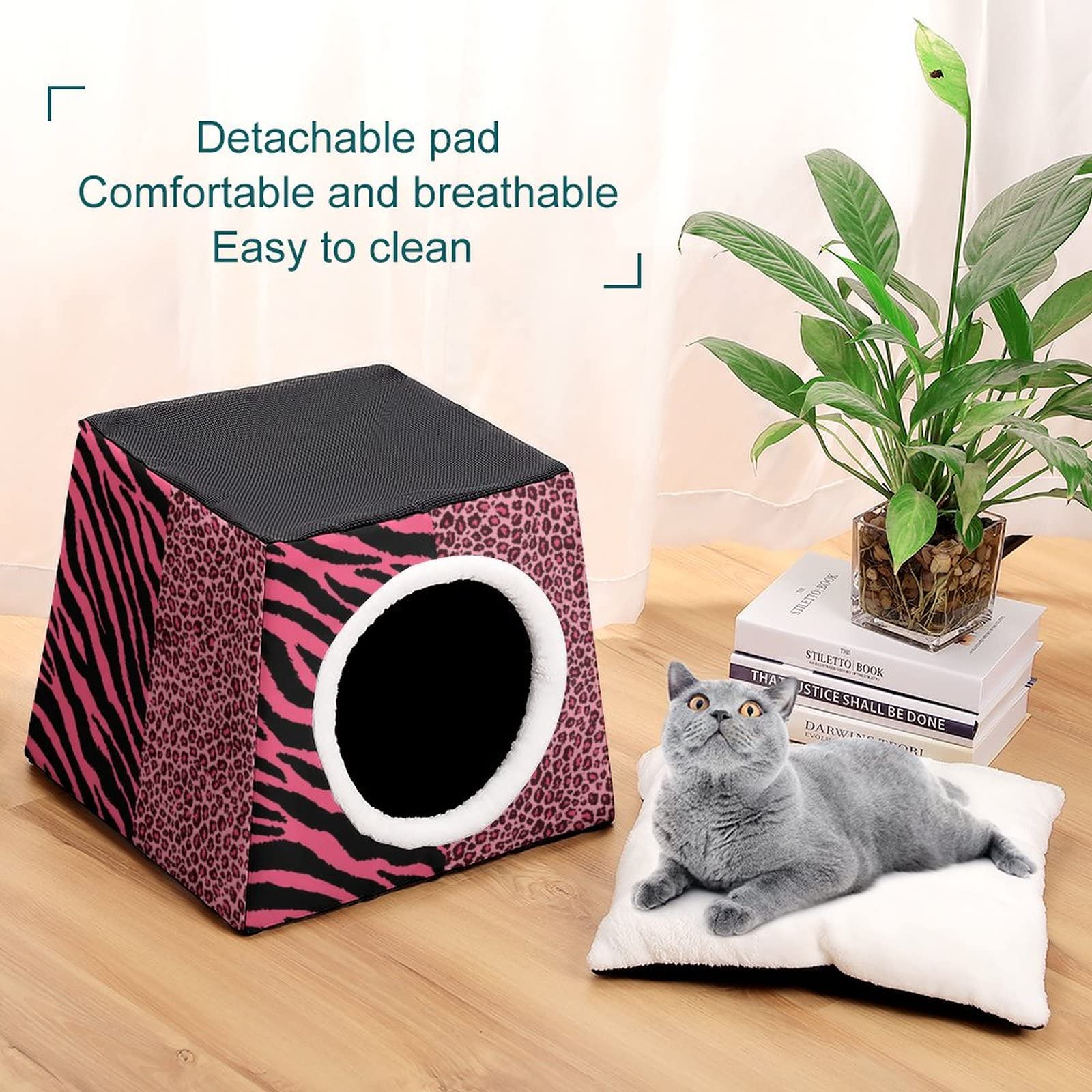 Printed Cat Houses & Condos - Foldable Cat Cube Bed with Removable Pillow in Tiger Leopard Print - Cozy Pet Sofa for Indoor Cats | Perfect for Living Room, Bedroom & Office