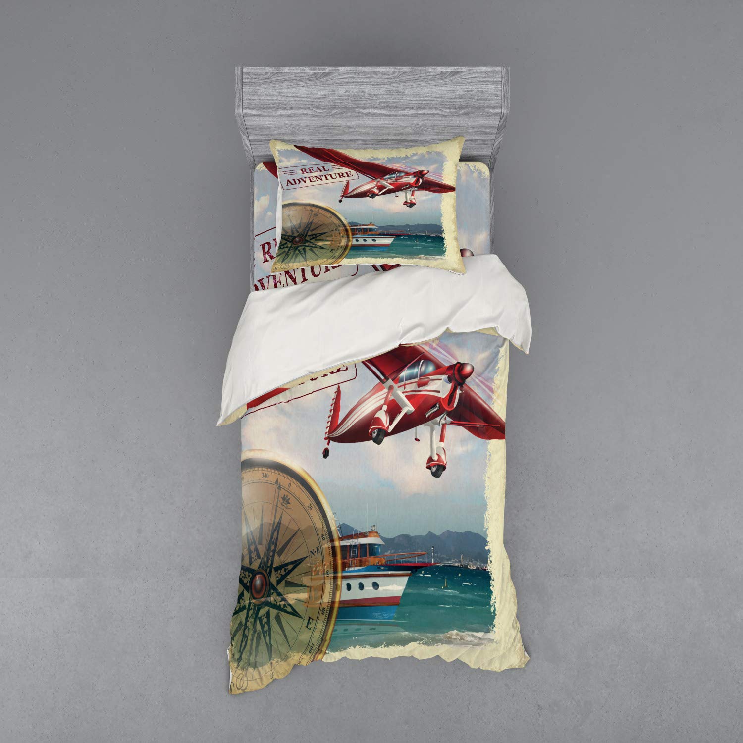Ambesonne Adventure Duvet Cover Set - Travel Themed 3 Piece Bedding with Sham & Fitted Sheet, Twin Size, Multicolor Coastal Design Featuring Red Airplane Journey - Perfect for Kids' Rooms, Vacation Homes & Adventure-Themed Bedrooms