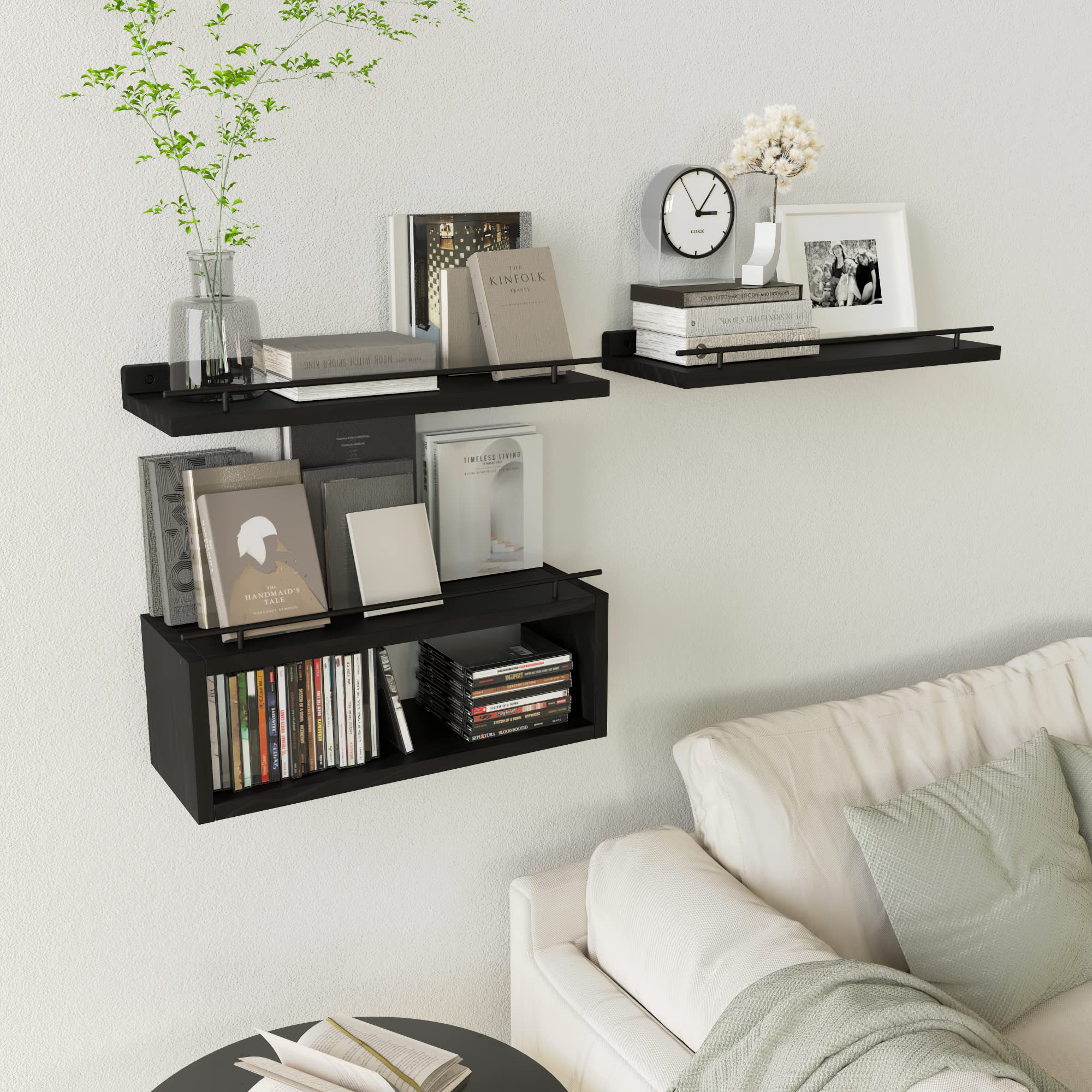 WOPITUES Floating Wall Shelves with Cube Shelf - Modern Metal Rail Bathroom Storage Organizer for Toilet Paper, Towels & Decor - Over Toilet Space Saving Solution for Small Bathrooms (Black)