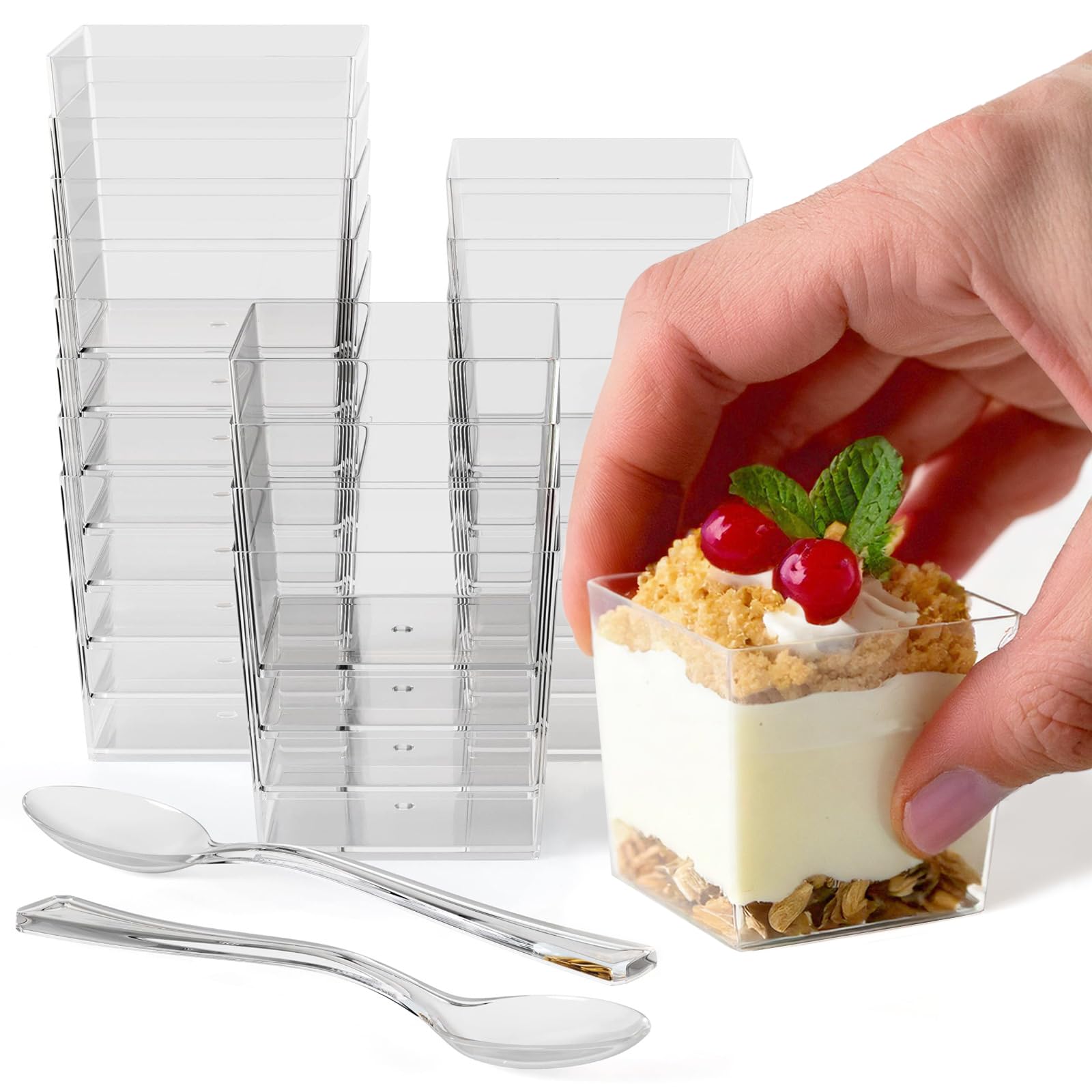 200 Pcs 3.6 Oz Disposable Square Plastic Dessert Cups with Mini Spoons - Elegant Mini Parfait & Appetizer Cups for Parties, Weddings, Catering, and Dessert Tastings | Perfect for Ice Cream, Pudding, Fruit Salads, and Cocktail Garnishes