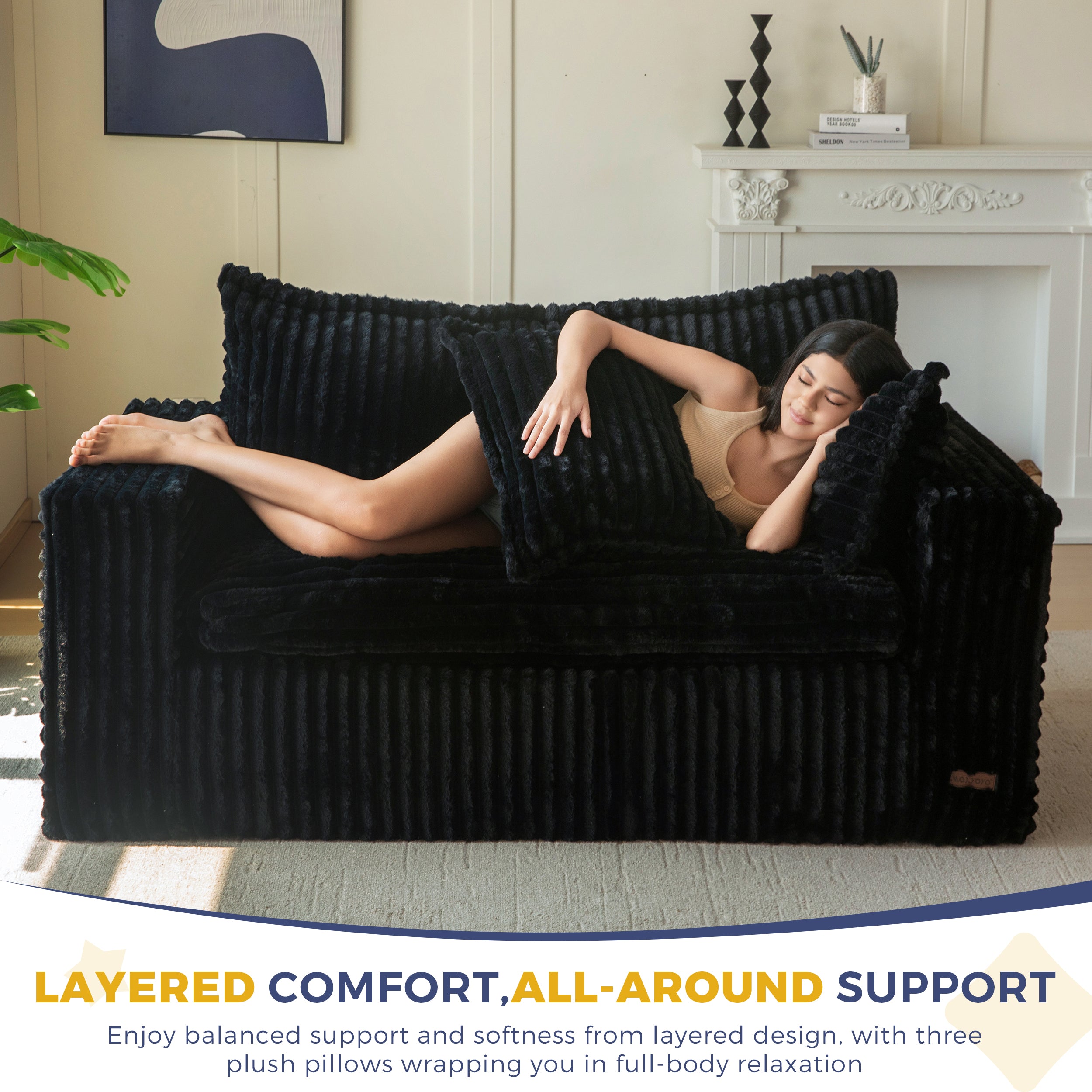 Comfy Maxyoyo Bean Bag Chair - Soft Upholstered Loveseat Sofa with Deep Seating & Wide Armrests, No Assembly Boneless Couch in a Box for Living Room, Bedroom, Office & Apartment - Perfect for Relaxing, Gaming & Small Space Living (Black)