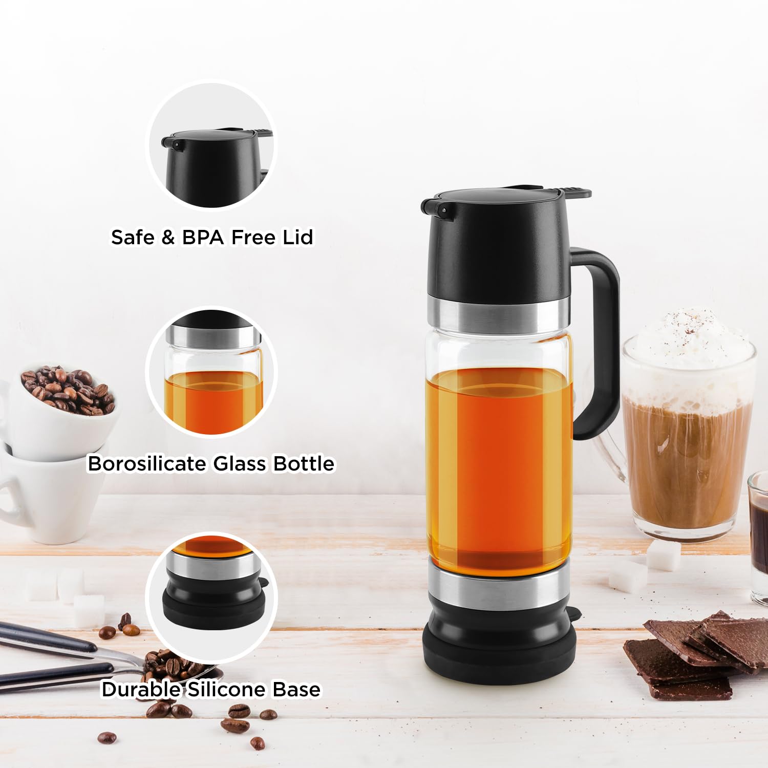 Premium 12oz Glass Coffee Syrup Dispenser with No-Drip Spout & Handle - 2 Pack Black Honey & Syrup Bottles for Coffee, Tea, Cocktails - Perfect for Home Barista, Café & Restaurant Use