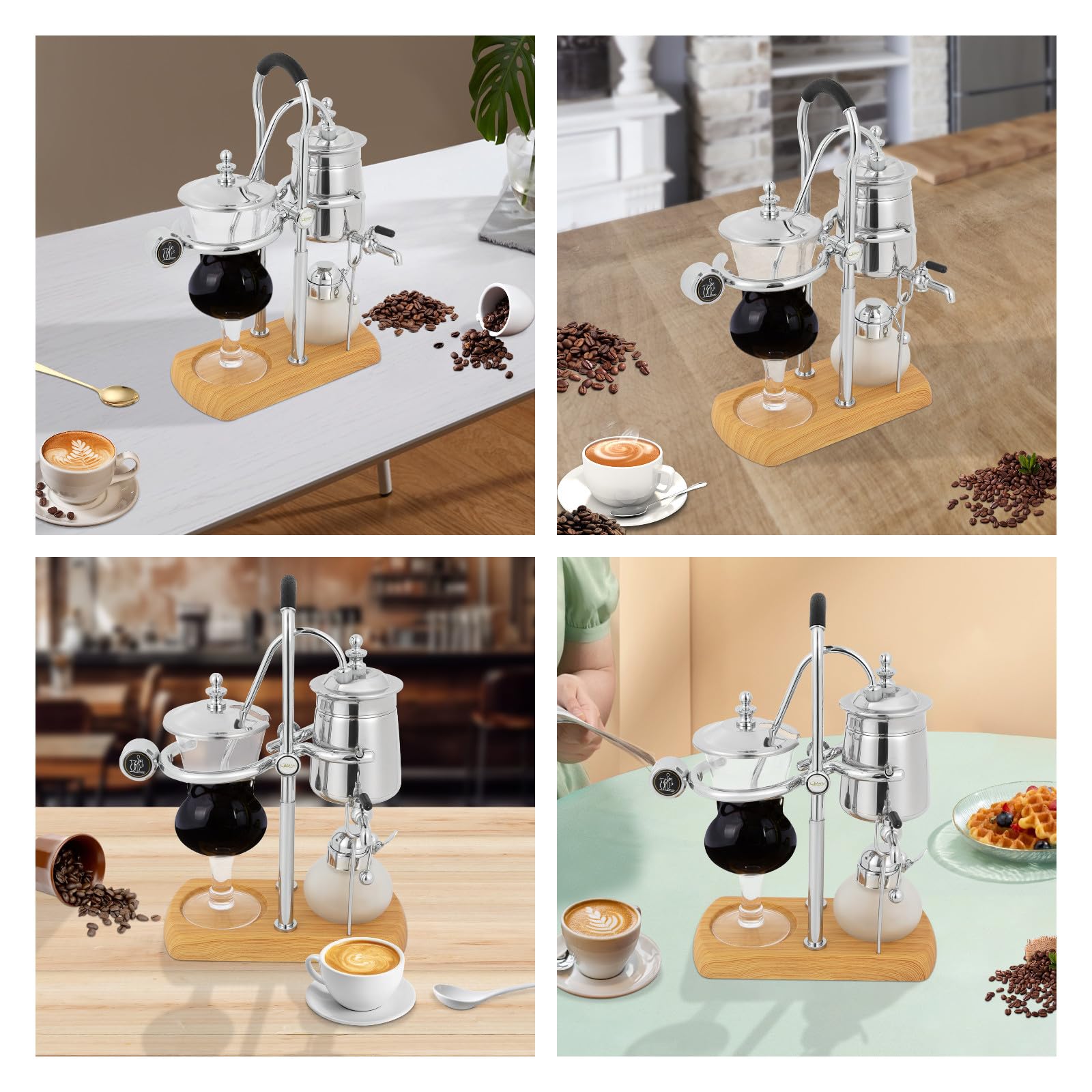 Premium Belgian Siphon Coffee Maker - 180° Rotating Faucet, Multi-Function for Coffee & Tea Brewing, Antique Design with Handle, 9.3x4.7x14.96 Inch Silver - Perfect for Home Baristas & Coffee Enthusiasts, Ideal for Kitchen, Office or Gift Giving