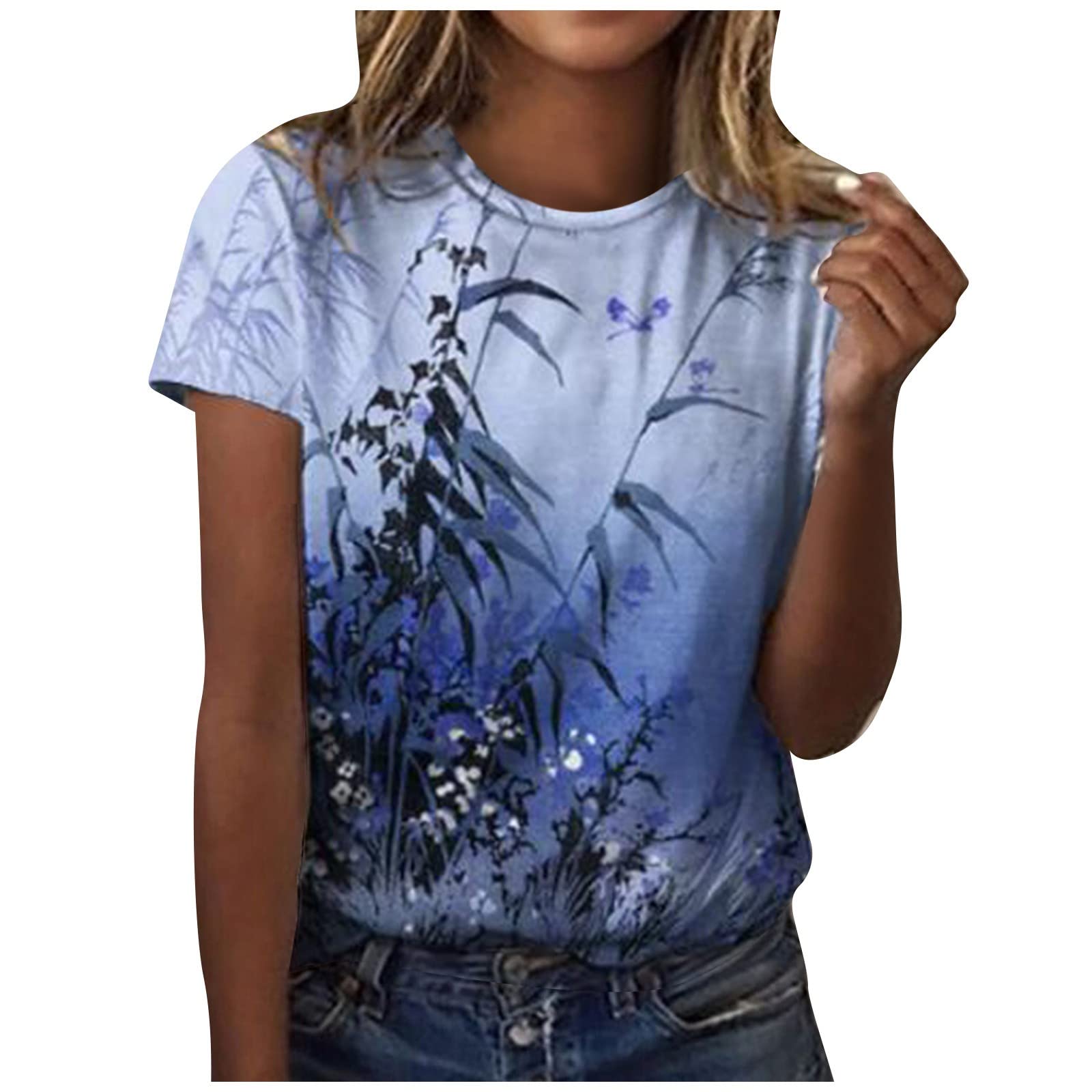 Women's Fashion Round Neck Short Sleeve Printed T-Shirt Top - Casual & Dressy Blouse for Work, Date Night & Everyday Wear