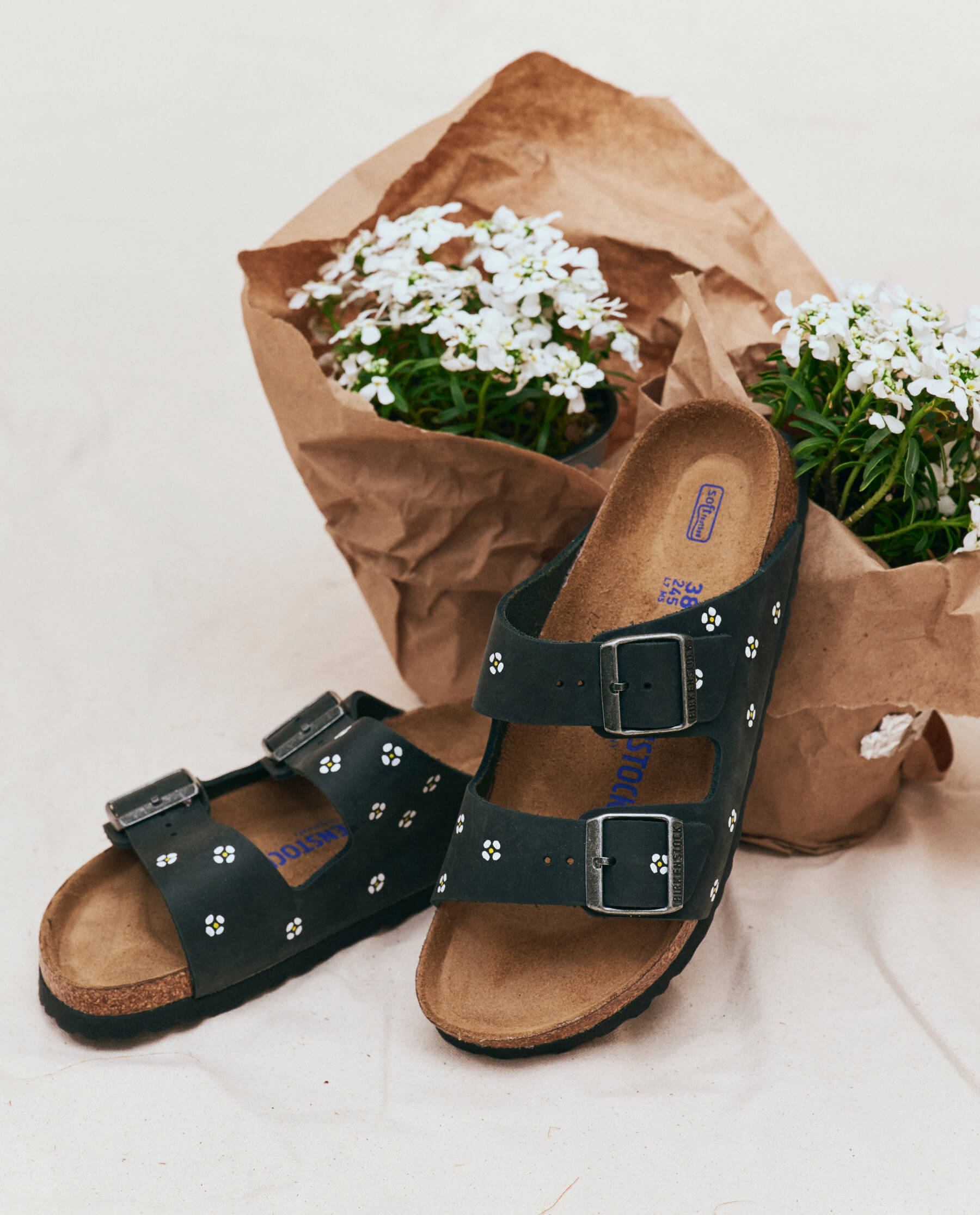 BIRKENSTOCK Arizona Sandals - Hand Painted Daisy Design in Black Oiled Leather & Cream | Comfortable Footbed for Women & Men | Perfect for Casual Wear, Summer Outfits & Beach Vacations