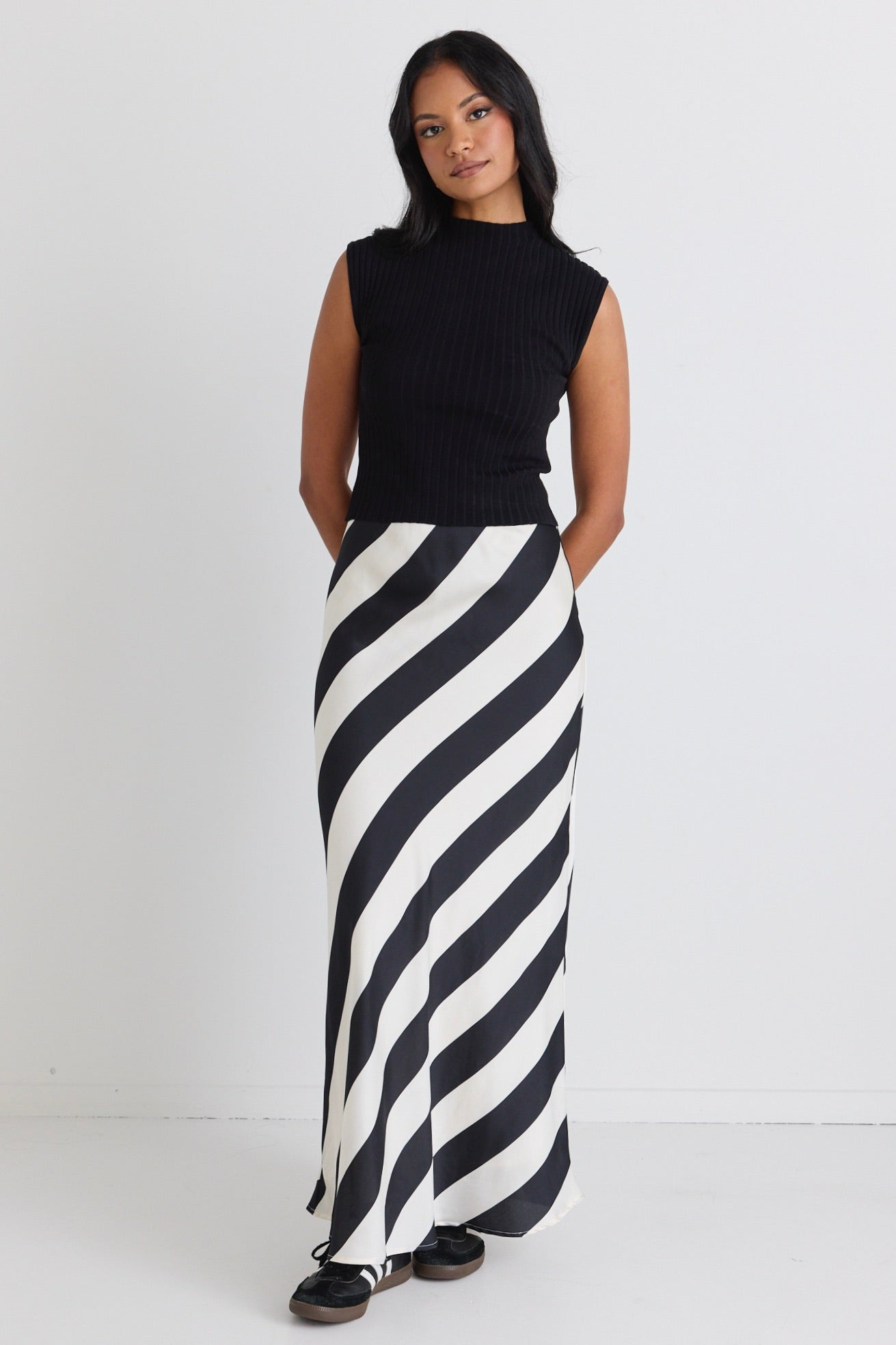 Elegant Black Satin Maxi Skirt with Fiery Stripe Design - Perfect for Evening Parties, Date Nights & Special Occasions