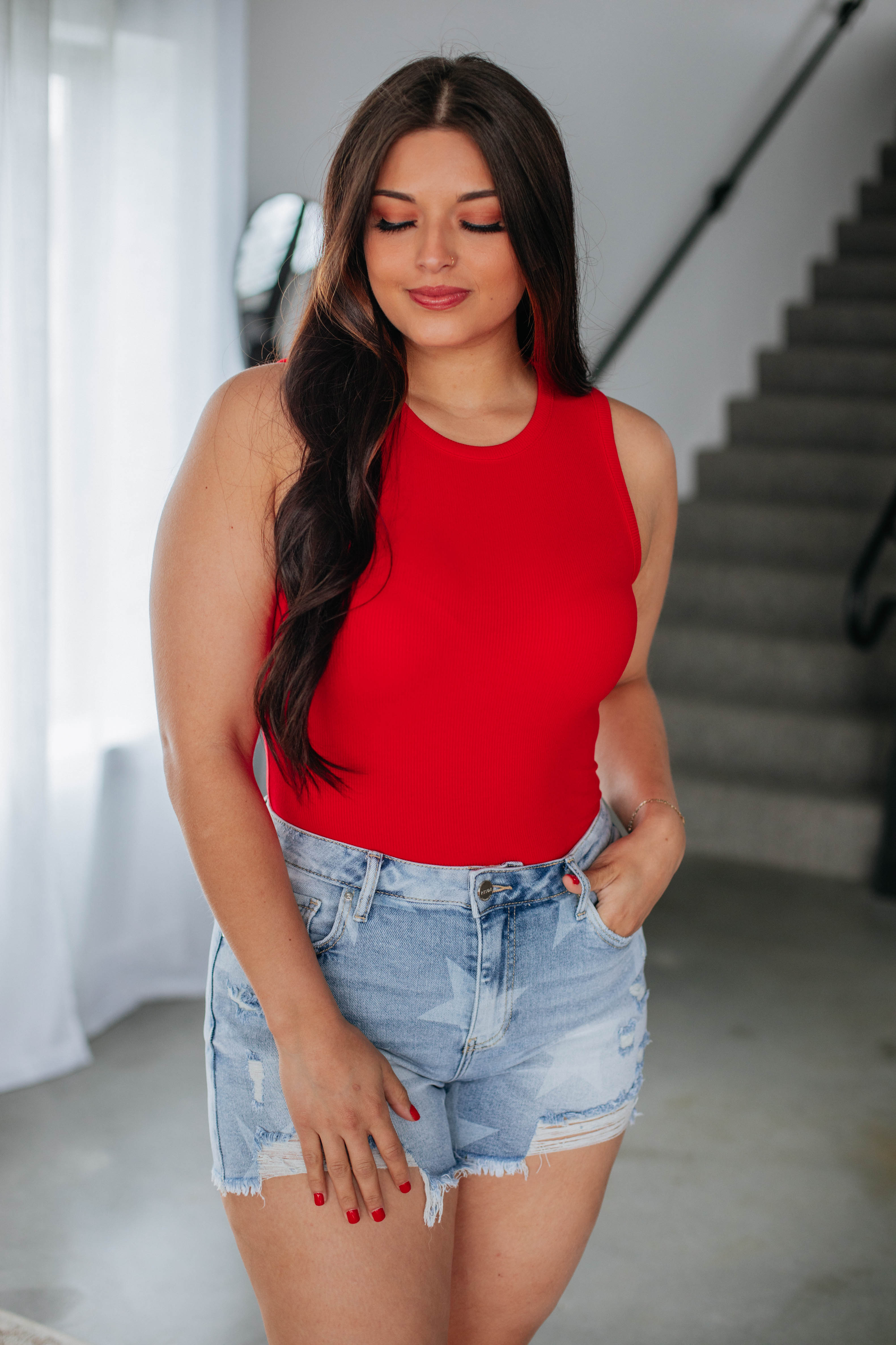 April Ribbed Bodysuit for Women - Scarlet Red Stretchy Long Sleeve T-Shirt Bodysuit | Perfect for Layering, Date Night & Casual Outfits