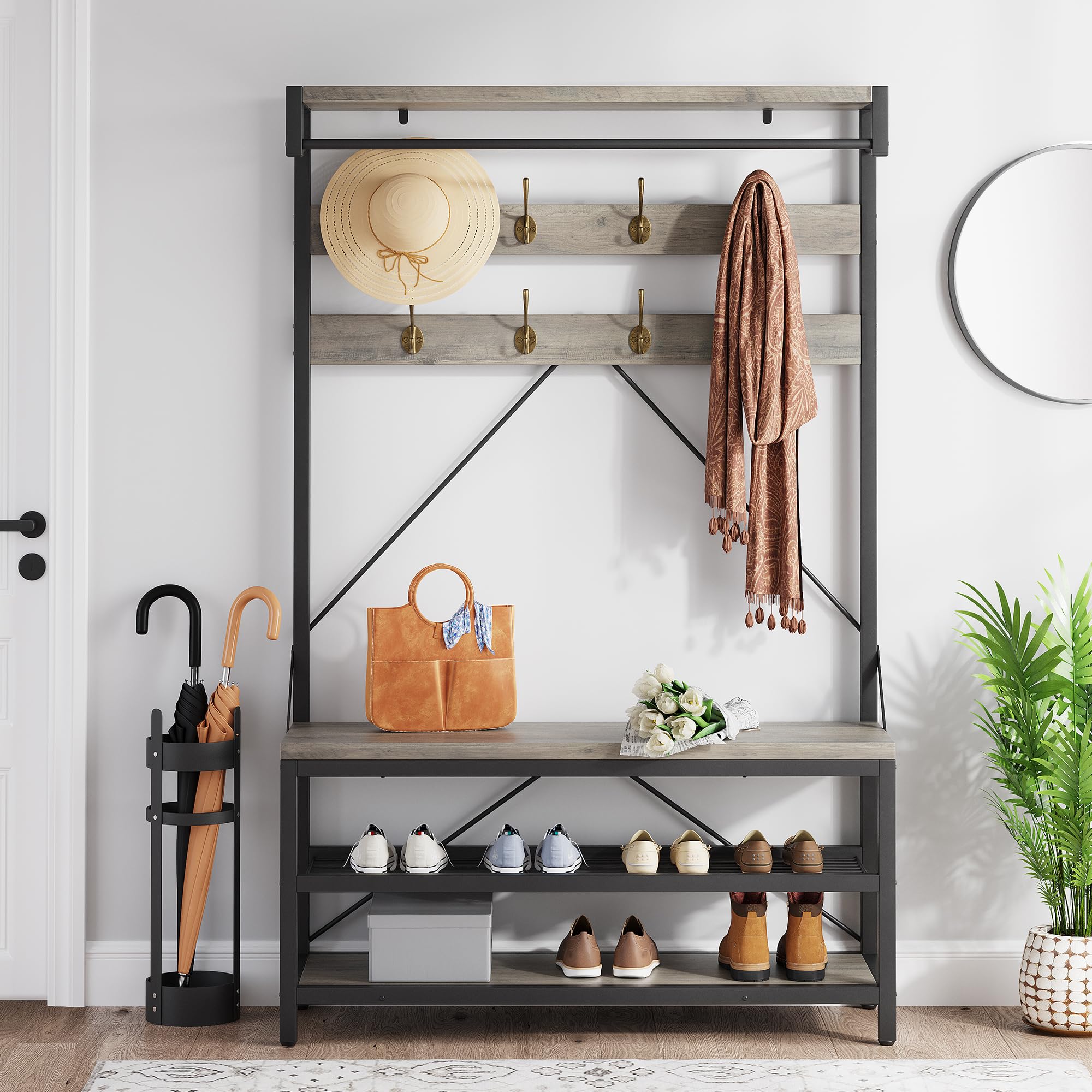 Industrial Coat Rack Shoe Bench with 8 Hooks & Storage Shelf - 39.9