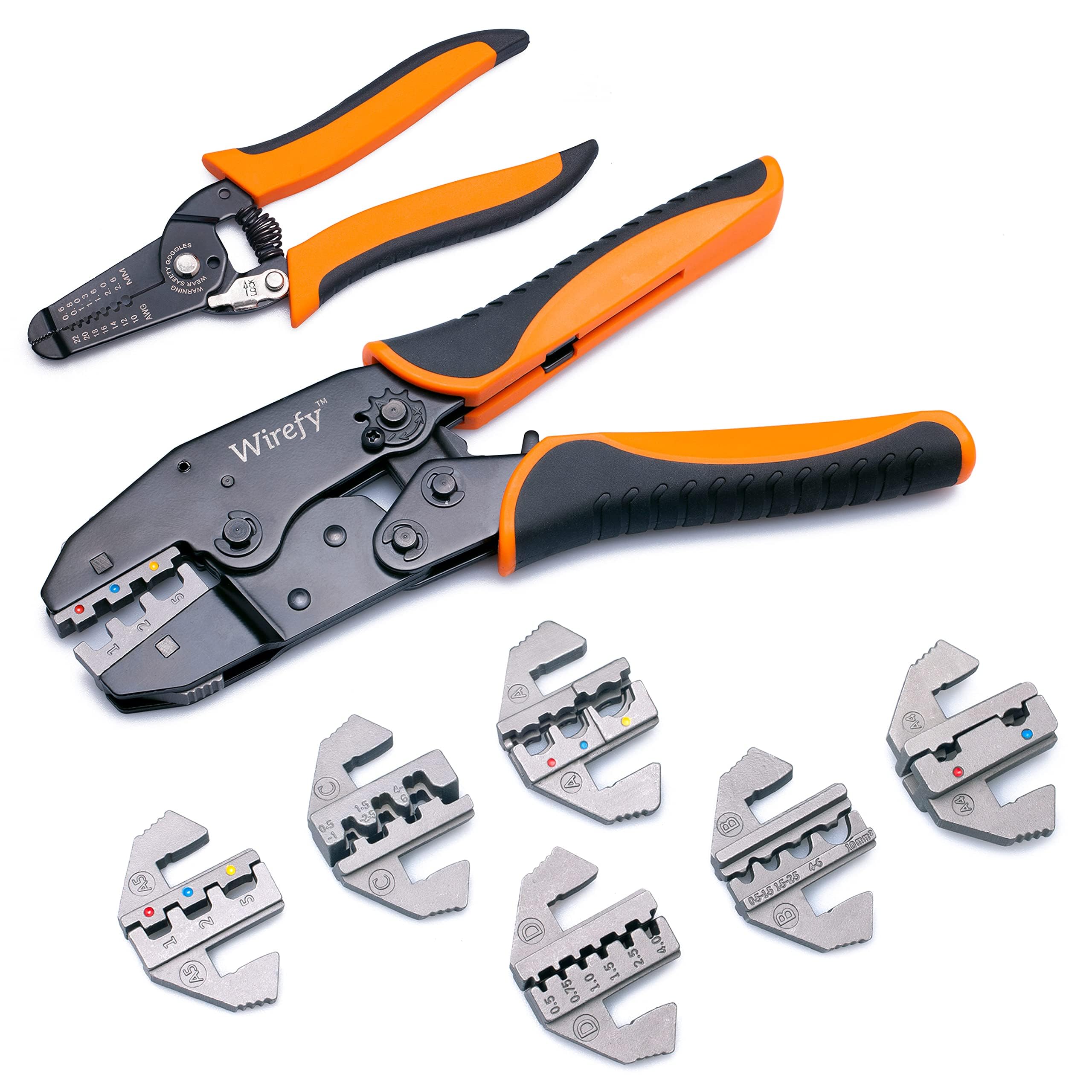 Wirefy 8-Piece Ratcheting Crimping Tool Set for Electrical Wiring - Includes Heat Shrink, Non-Insulated, Open Barrel, Flag & Ferrule Connectors - Perfect for DIY Electronics, Automotive Repairs & Home Electrical Projects