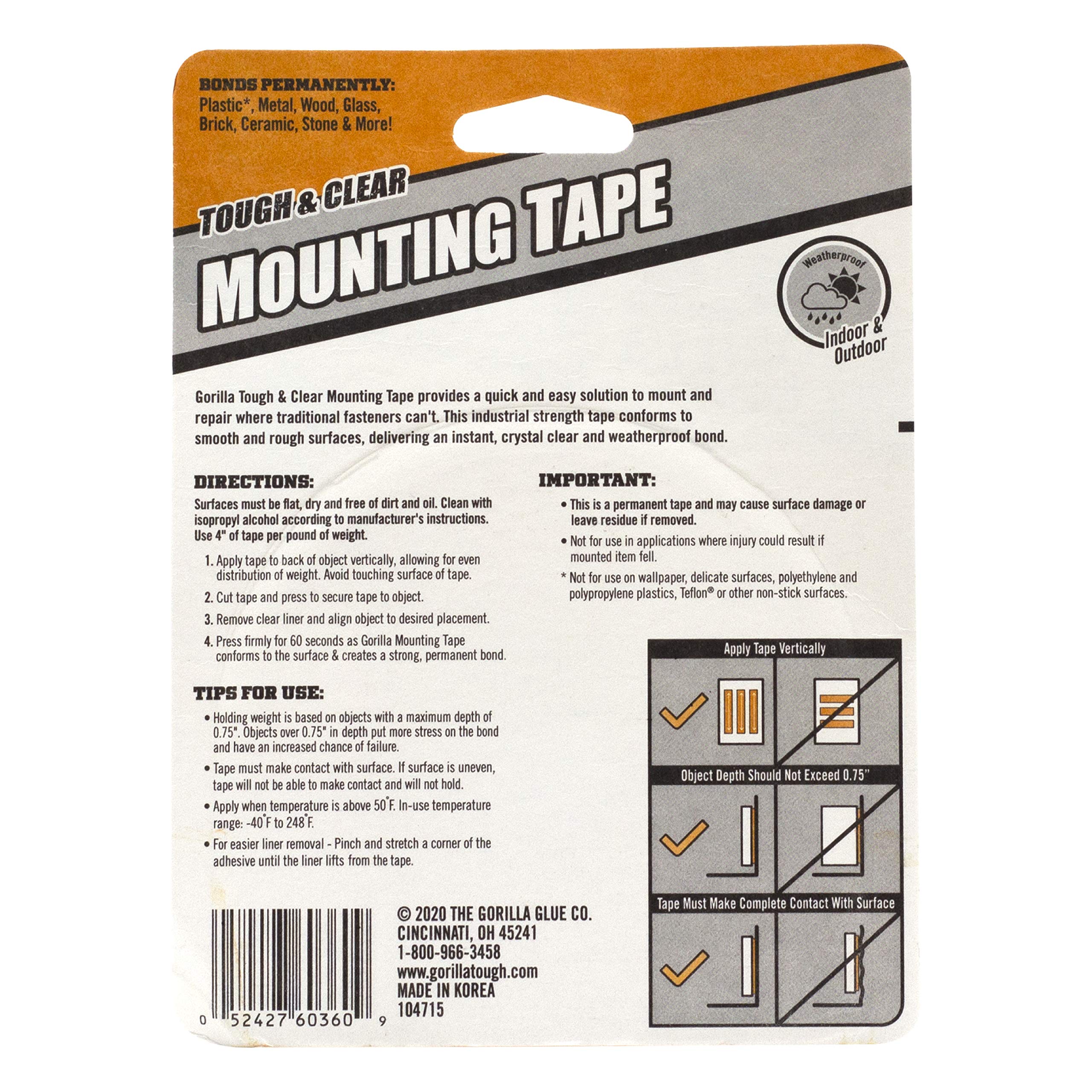 Gorilla Tough & Clear Double Sided XL Mounting Tape - Ultra Strong Adhesive for Instant Hold | Weatherproof 1