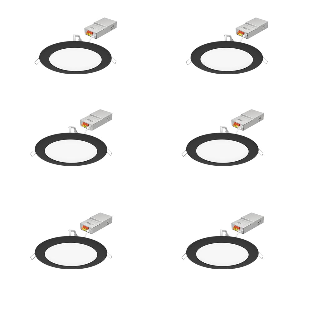 Juno LED Recessed Lights 6 Inch - Ultra Thin Round Wafer Downlight with Switchable Color Temperature (2700K-5000K) - 120V Dimmable Ceiling Light - 90 CRI - Matte Black (6-Pack) - Perfect for Living Room, Kitchen, Bedroom, and Office Lighting
